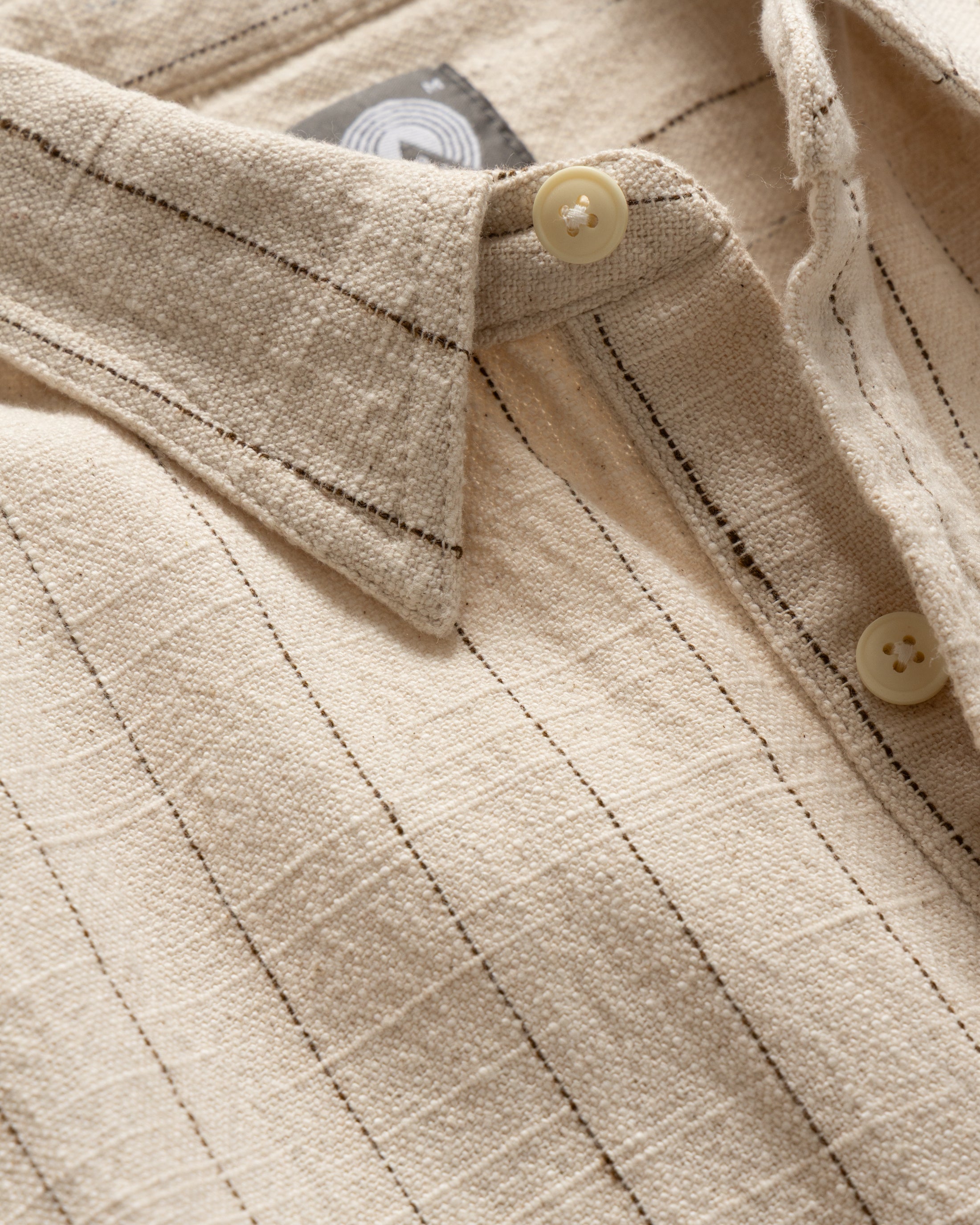 SS EASY WORK SHIRT - ECRU / BROWN STRIPED HANDLOOM COTTON BASKETWEAVE