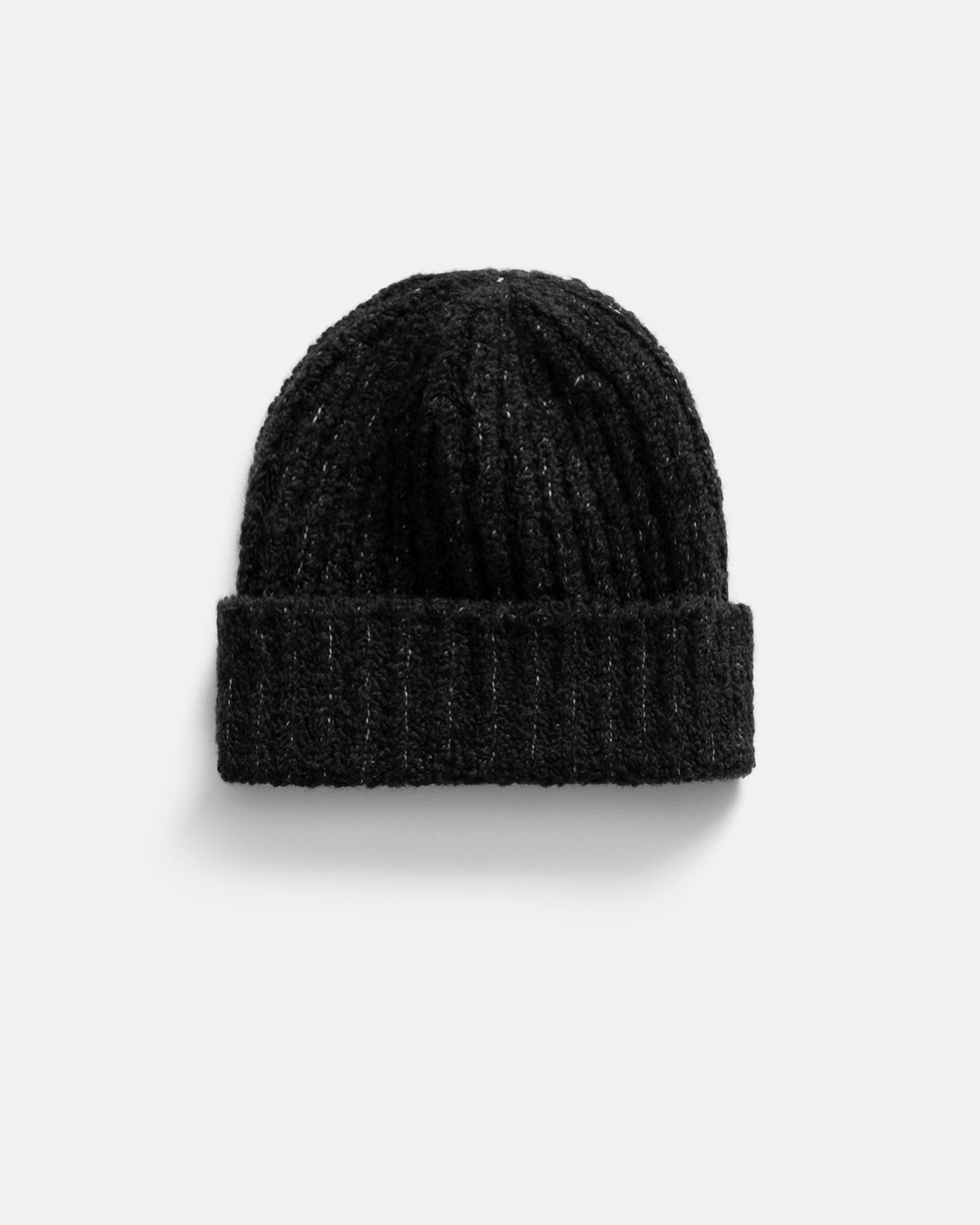 ENGLISH RIB CUFFED BEANIE - FADED BLACK HANDLOOM TWISTED MERINO BOUCLE