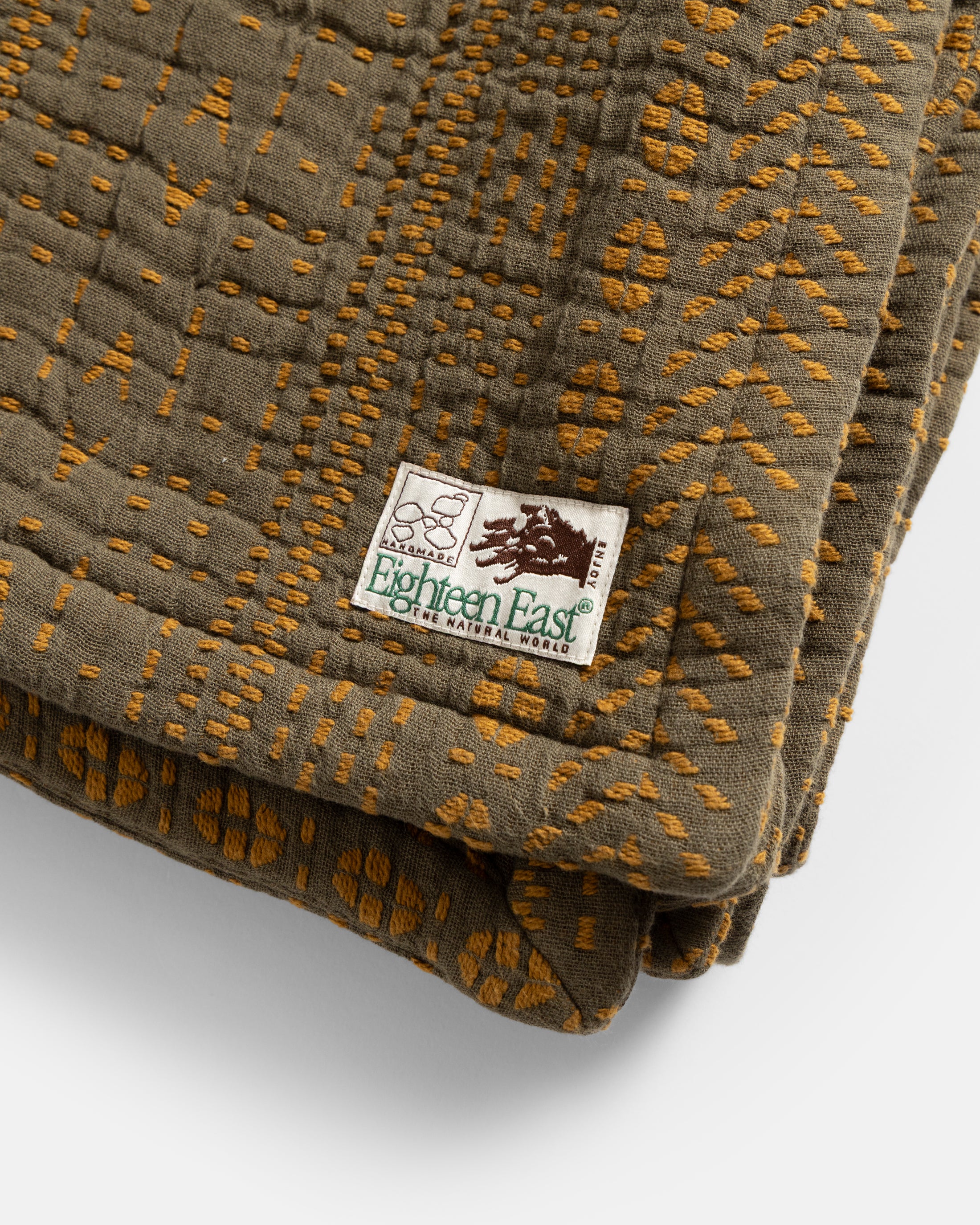 HAND-QUILTED THROW BLANKET - WILLOW GREEN / BRONZE COTTON KHADI