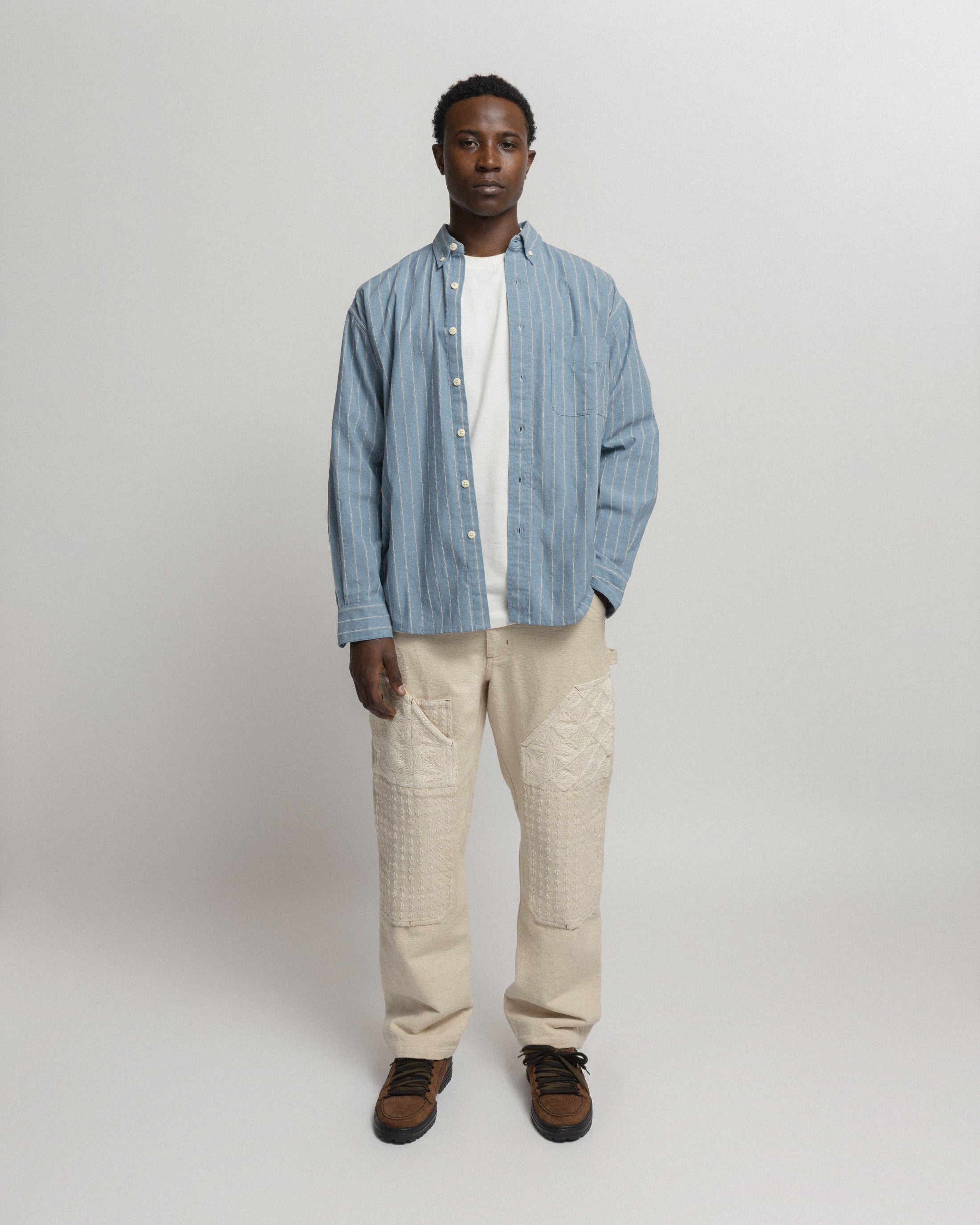 WOLF BUTTON-DOWN SHIRT - CLEARWEATHER BLUE / WHITE / TAN TWISTED STRIPE SUMMER COTTON / LINEN OXFORD