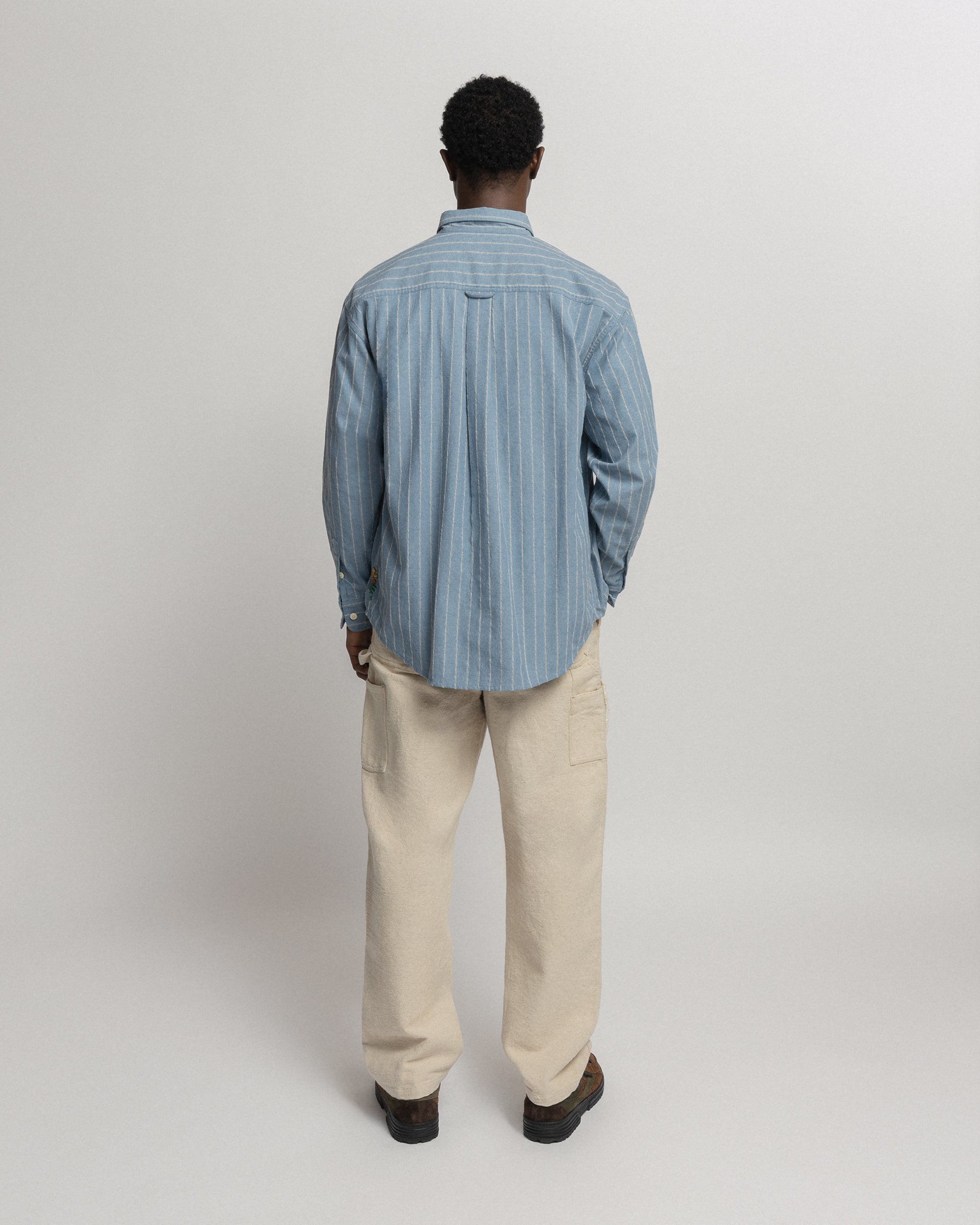 WOLF BUTTON-DOWN SHIRT - CLEARWEATHER BLUE / WHITE / TAN TWISTED STRIPE SUMMER COTTON / LINEN OXFORD