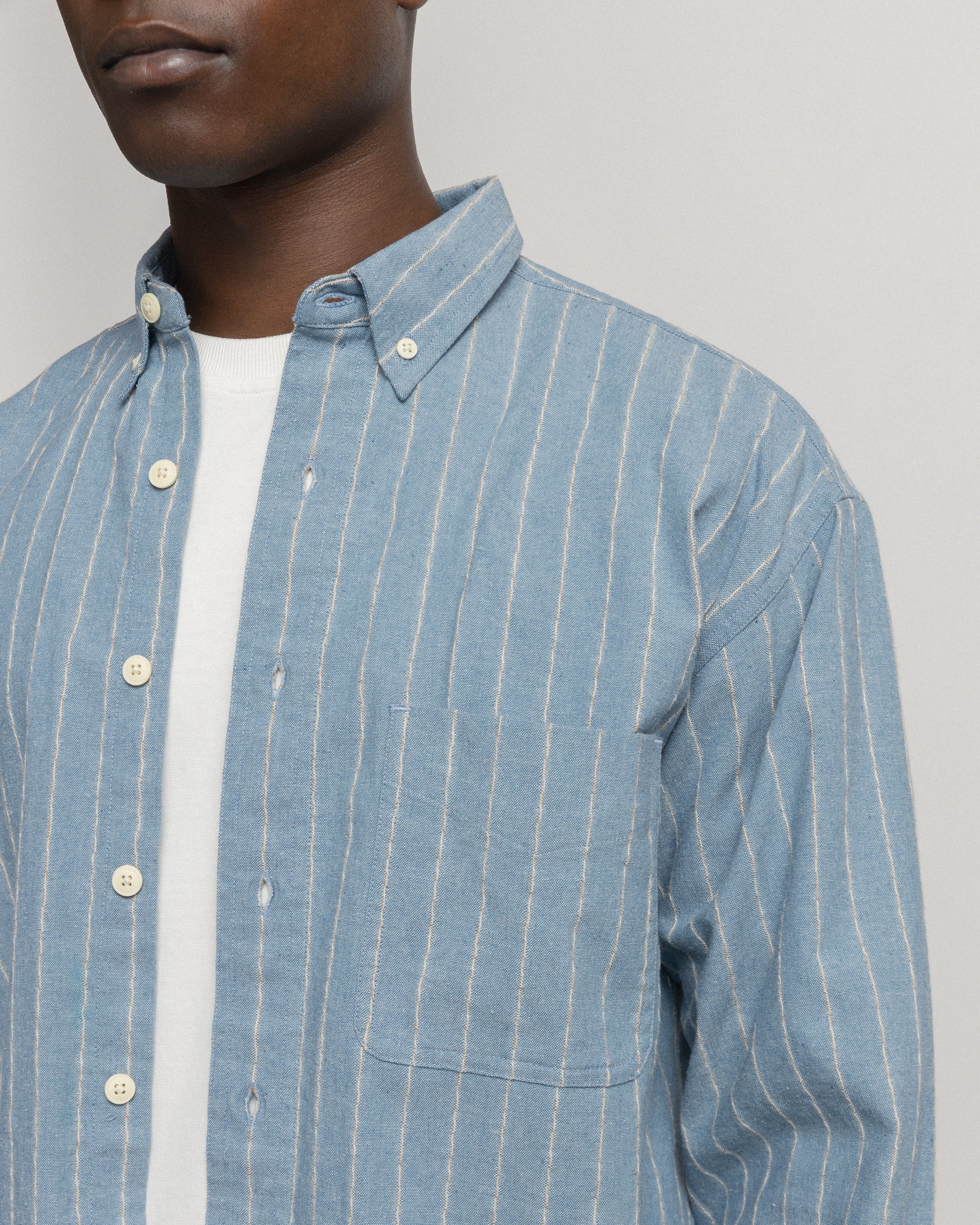 WOLF BUTTON-DOWN SHIRT - CLEARWEATHER BLUE / WHITE / TAN TWISTED STRIPE SUMMER COTTON / LINEN OXFORD