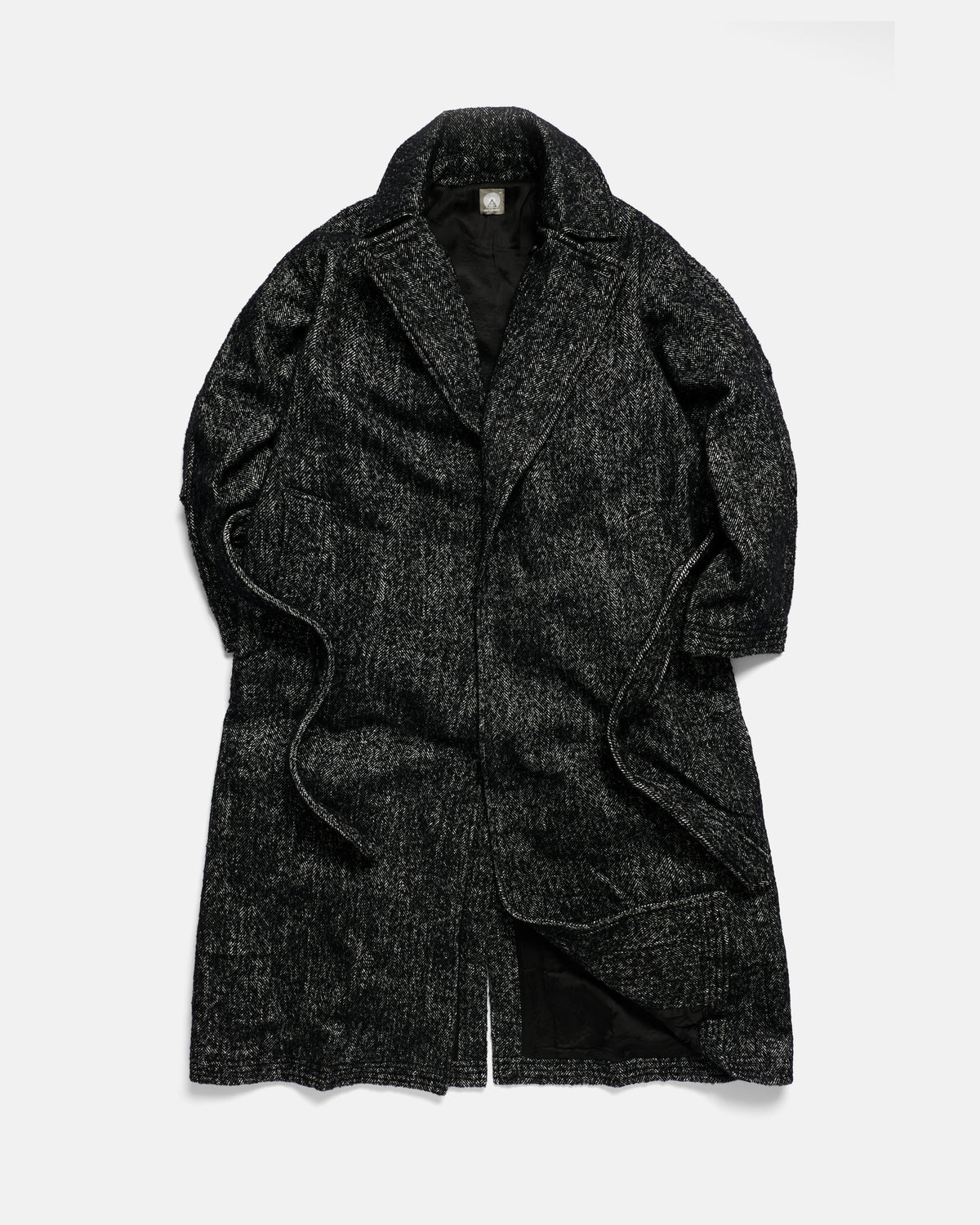 BELTED BRIDGE COAT - BLACK / WHITE BLENDED WOOL AND ALPACA HAIRY HERRINGBONE TWEED