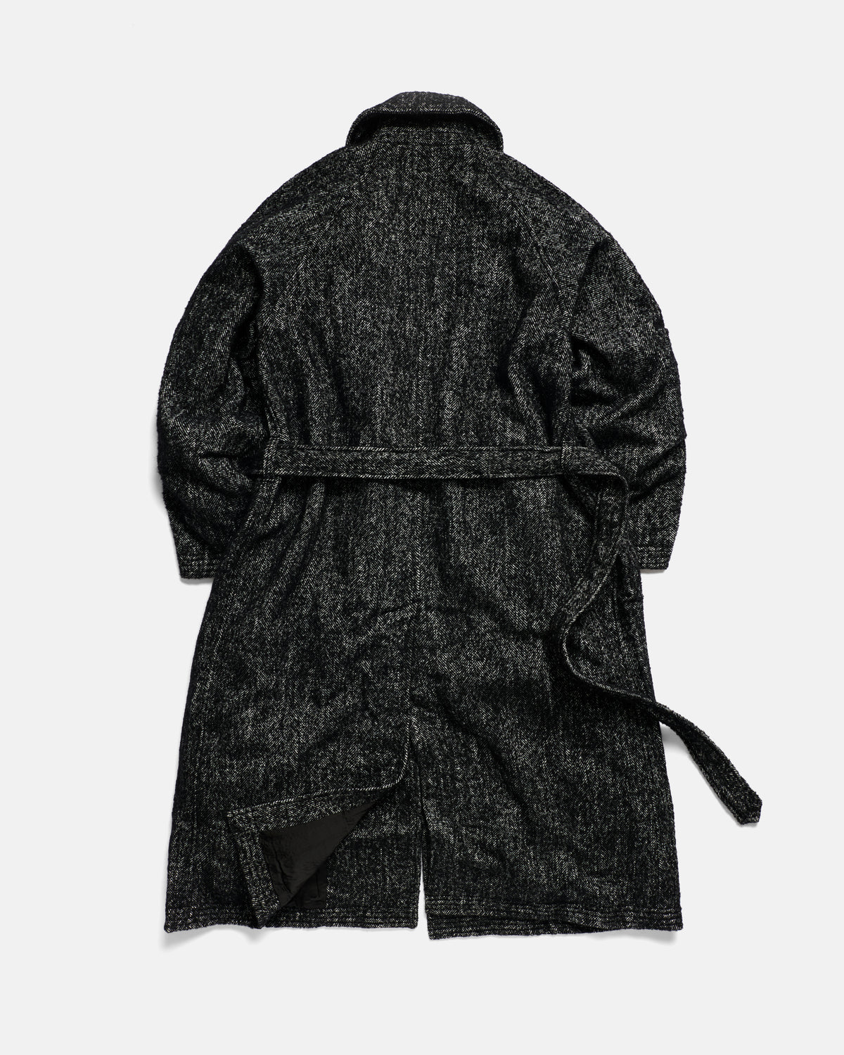 BELTED BRIDGE COAT - BLACK / WHITE BLENDED WOOL AND ALPACA HAIRY HERRINGBONE TWEED