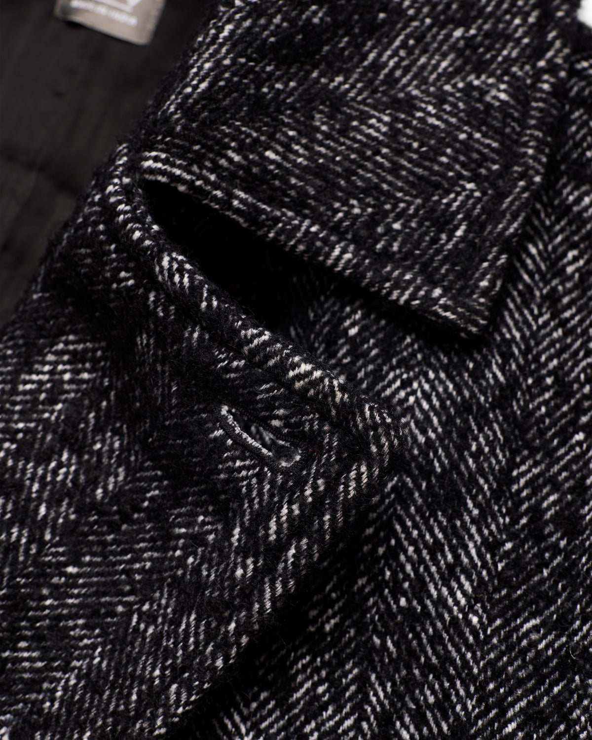 BELTED BRIDGE COAT - BLACK / WHITE BLENDED WOOL AND ALPACA HAIRY HERRINGBONE TWEED