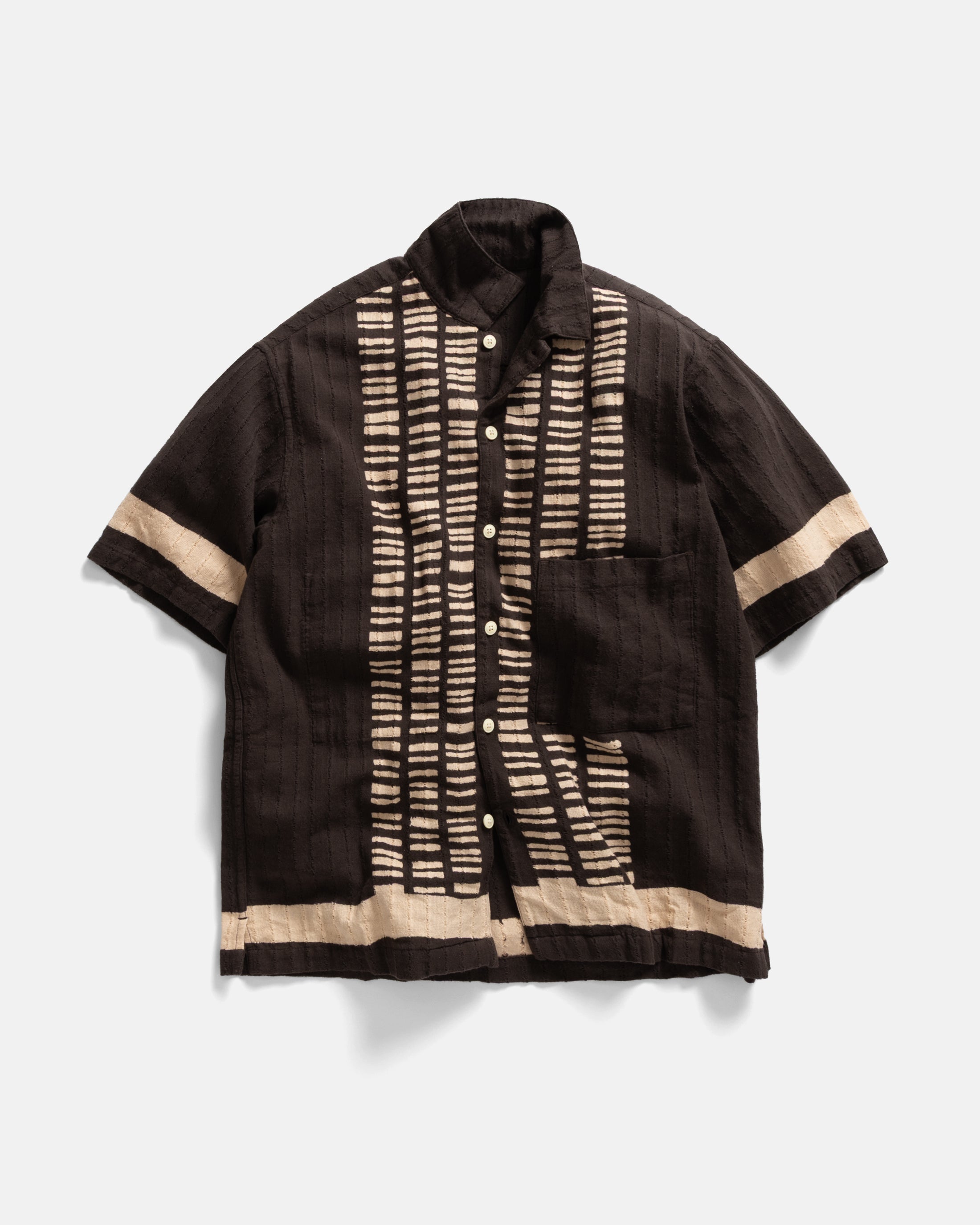 ISLE SS SHIRT - DISCHARGE BLOCK PRINTED FONDENTE BROWN HANDWOVEN COTTON MESH