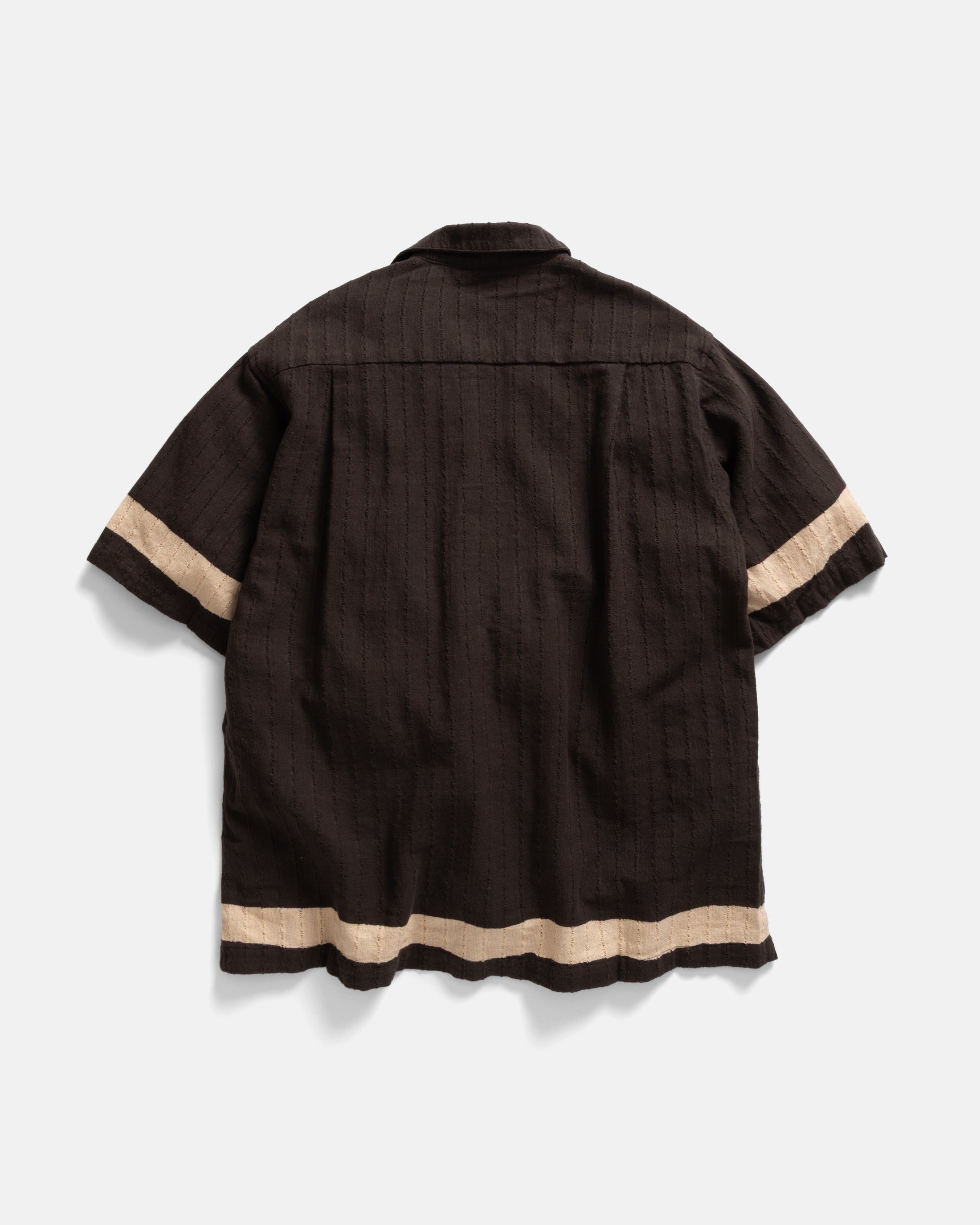 ISLE SS SHIRT - DISCHARGE BLOCK PRINTED FONDENTE BROWN HANDWOVEN COTTON MESH