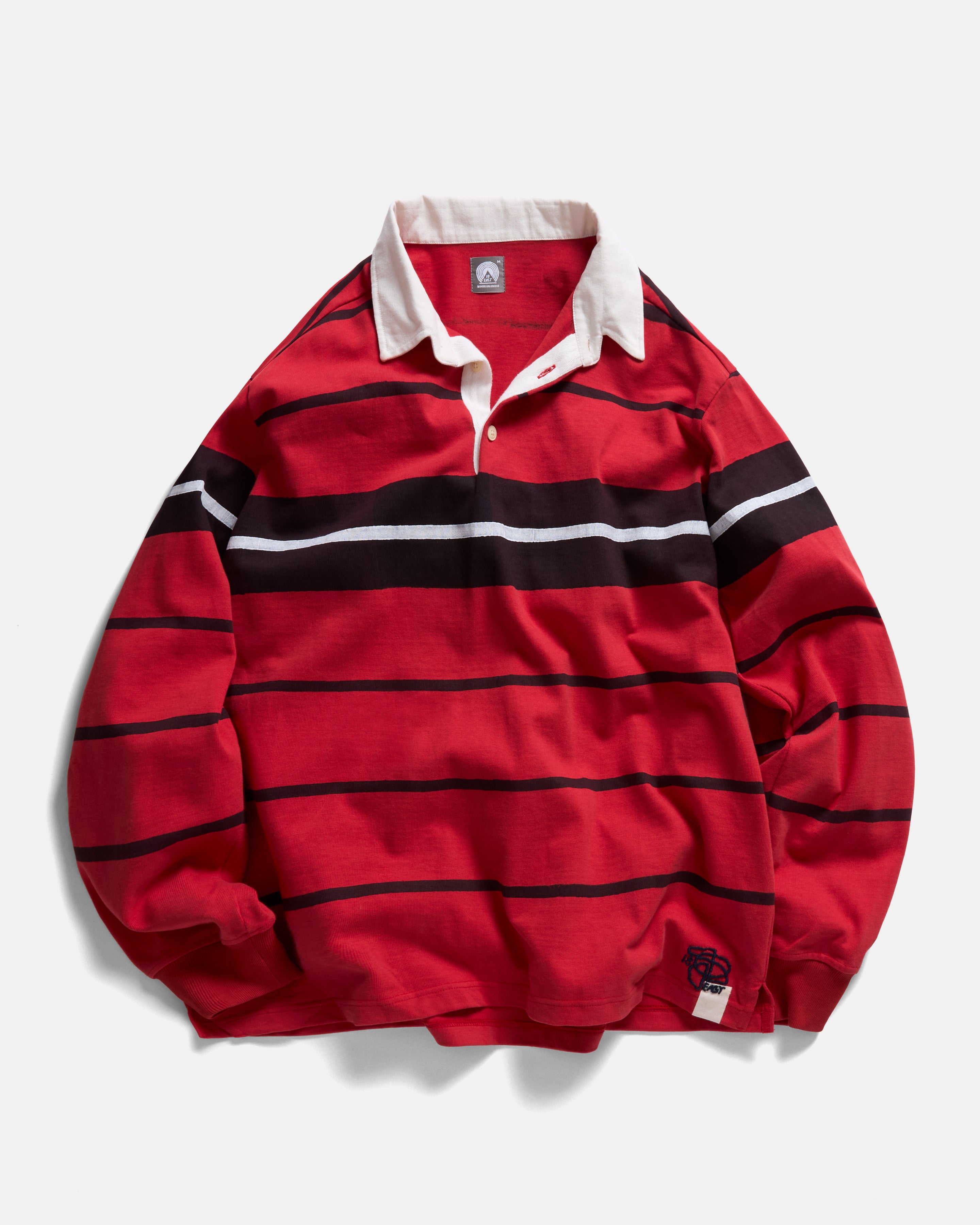 FISKE L/S RUGBY - DAN & WHIT'S RED / MIDNIGHT NAVY / WHITE BLOCK-PRINTED HEAVYWEIGHT COTTON JERSEY