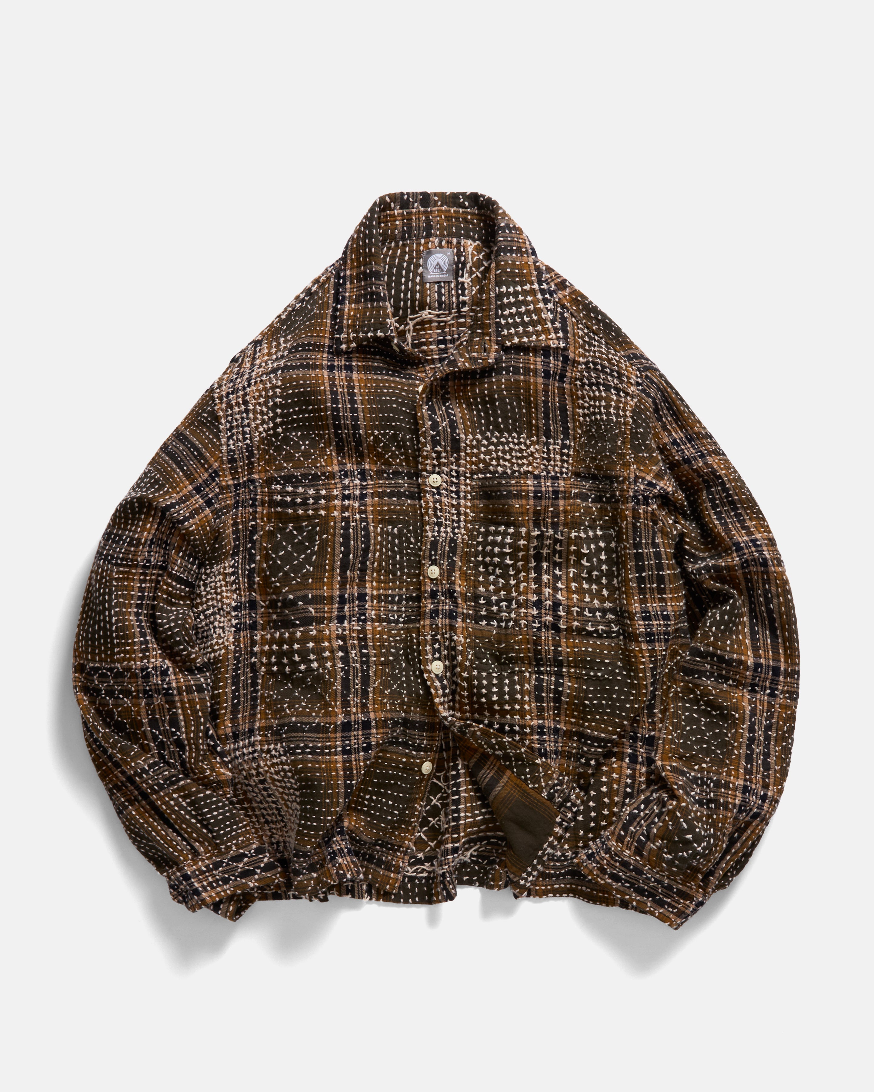 PILCHUCK HAND-EMBROIDERED OVERSHIRT - VT OLIVE / GOLDENROD / MIDNIGHT SUMMER-WEIGHT FLANNEL WITH KANTHA STITCHING