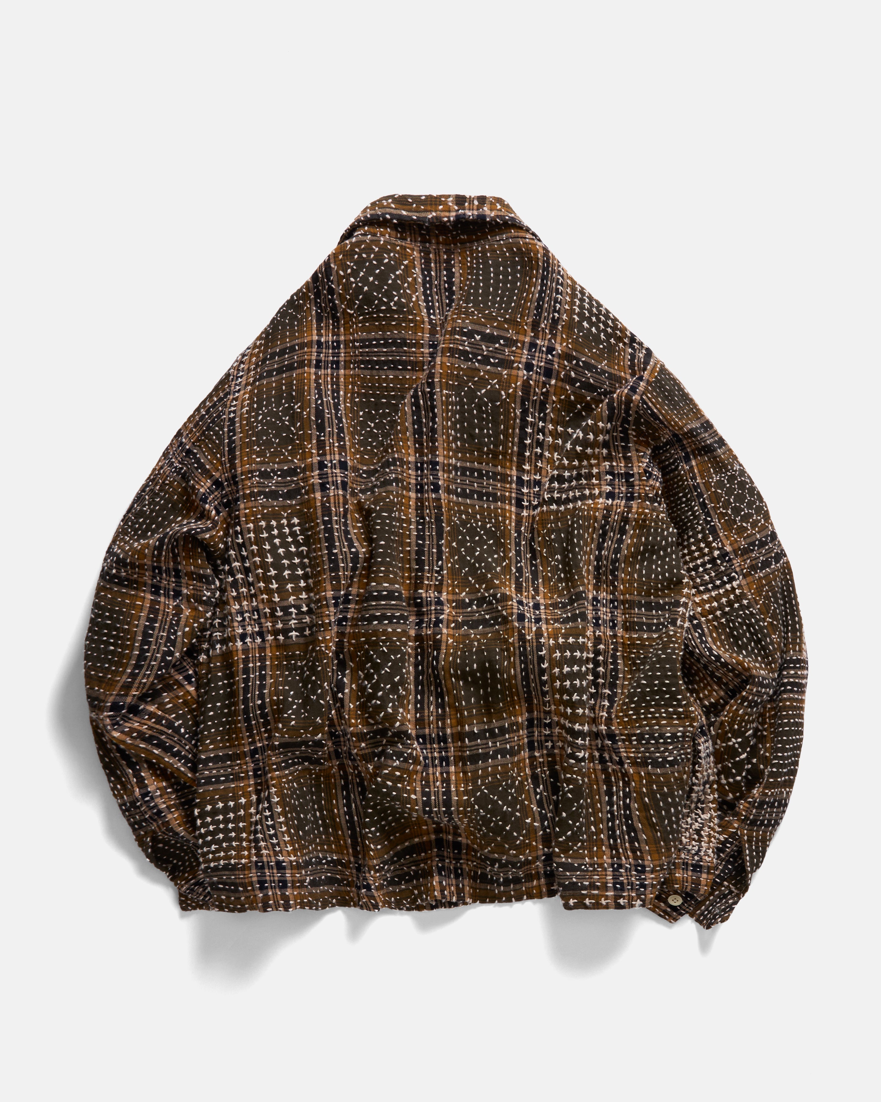 PILCHUCK HAND-EMBROIDERED OVERSHIRT - VT OLIVE / GOLDENROD / MIDNIGHT SUMMER-WEIGHT FLANNEL WITH KANTHA STITCHING