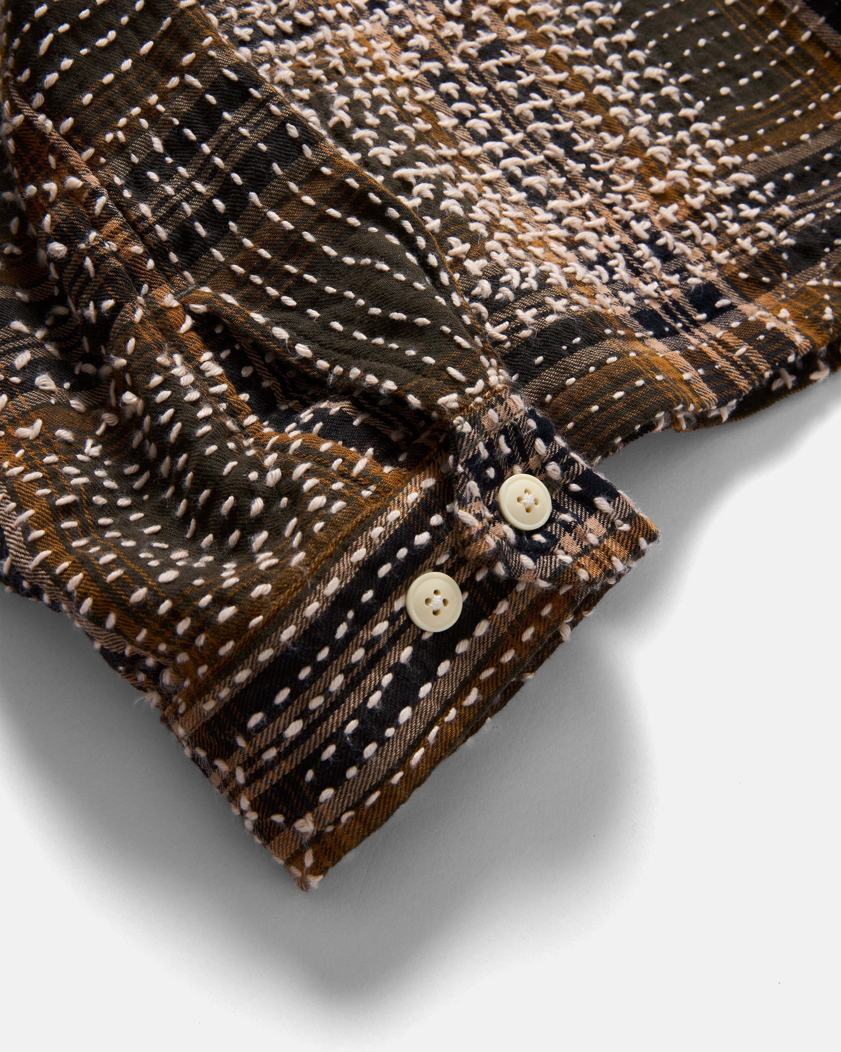 PILCHUCK HAND-EMBROIDERED OVERSHIRT - VT OLIVE / GOLDENROD / MIDNIGHT SUMMER-WEIGHT FLANNEL WITH KANTHA STITCHING