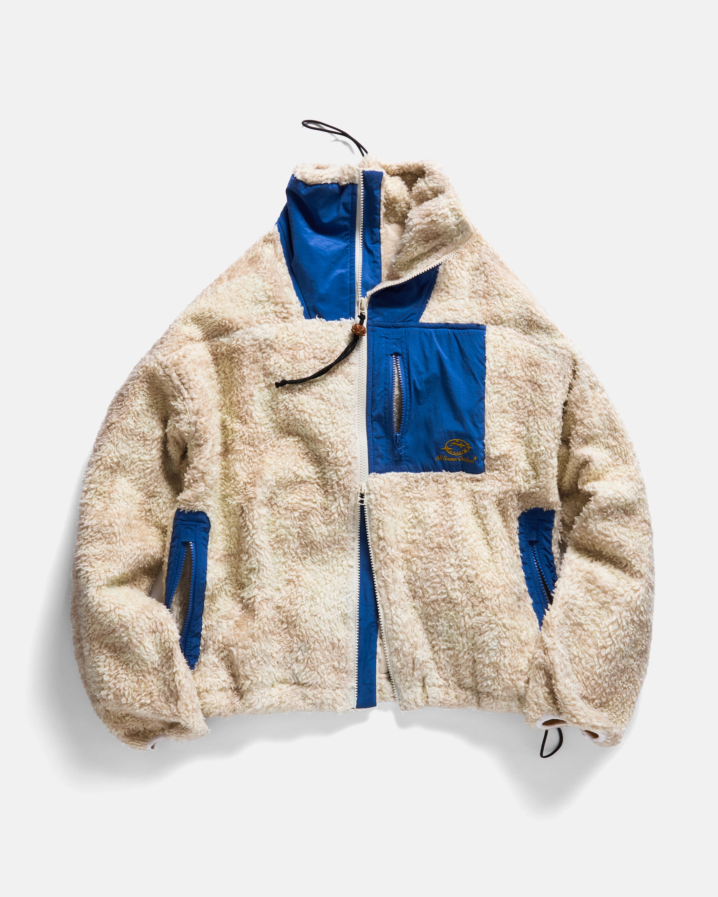 RC2 “WUF” FULLZIP DEEP PILE FLEECE - NATURAL SHADOW SCREENED ORGANIC COTTON SHERPA WITH CLOUDLESS BLUE NYLON DETAILS