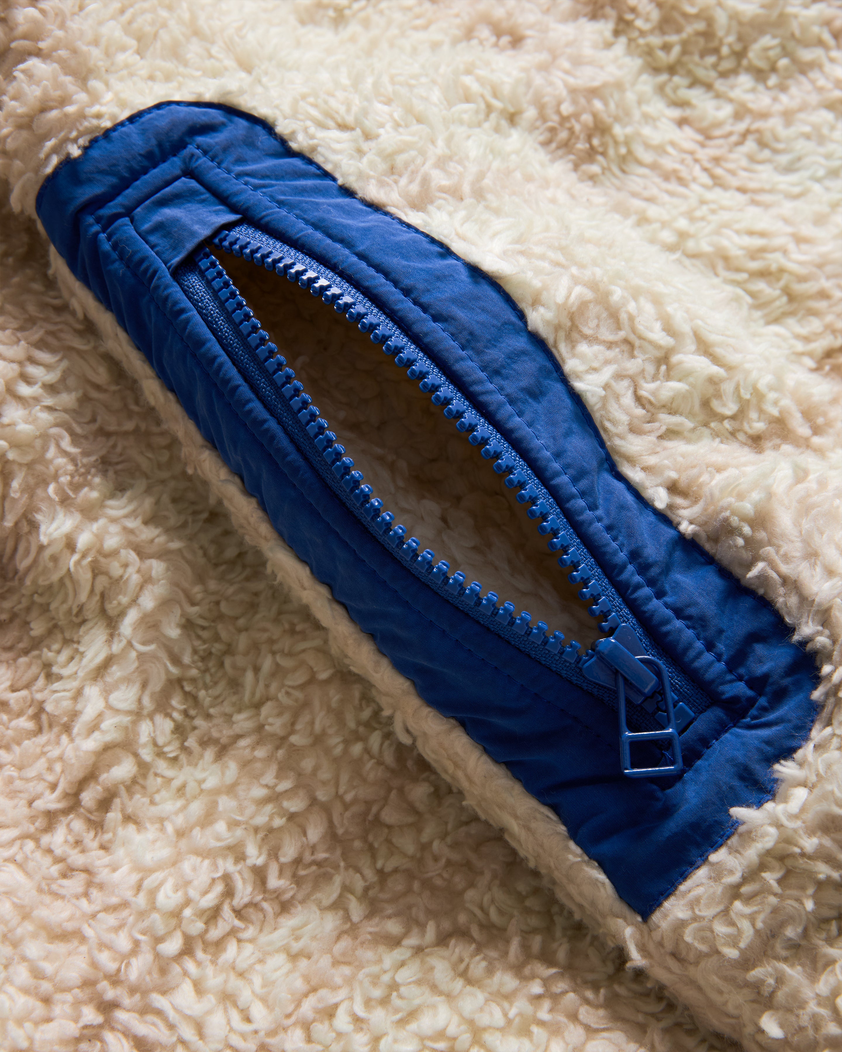 RC2 “WUF” FULLZIP DEEP PILE FLEECE - NATURAL SHADOW SCREENED ORGANIC COTTON SHERPA WITH CLOUDLESS BLUE NYLON DETAILS