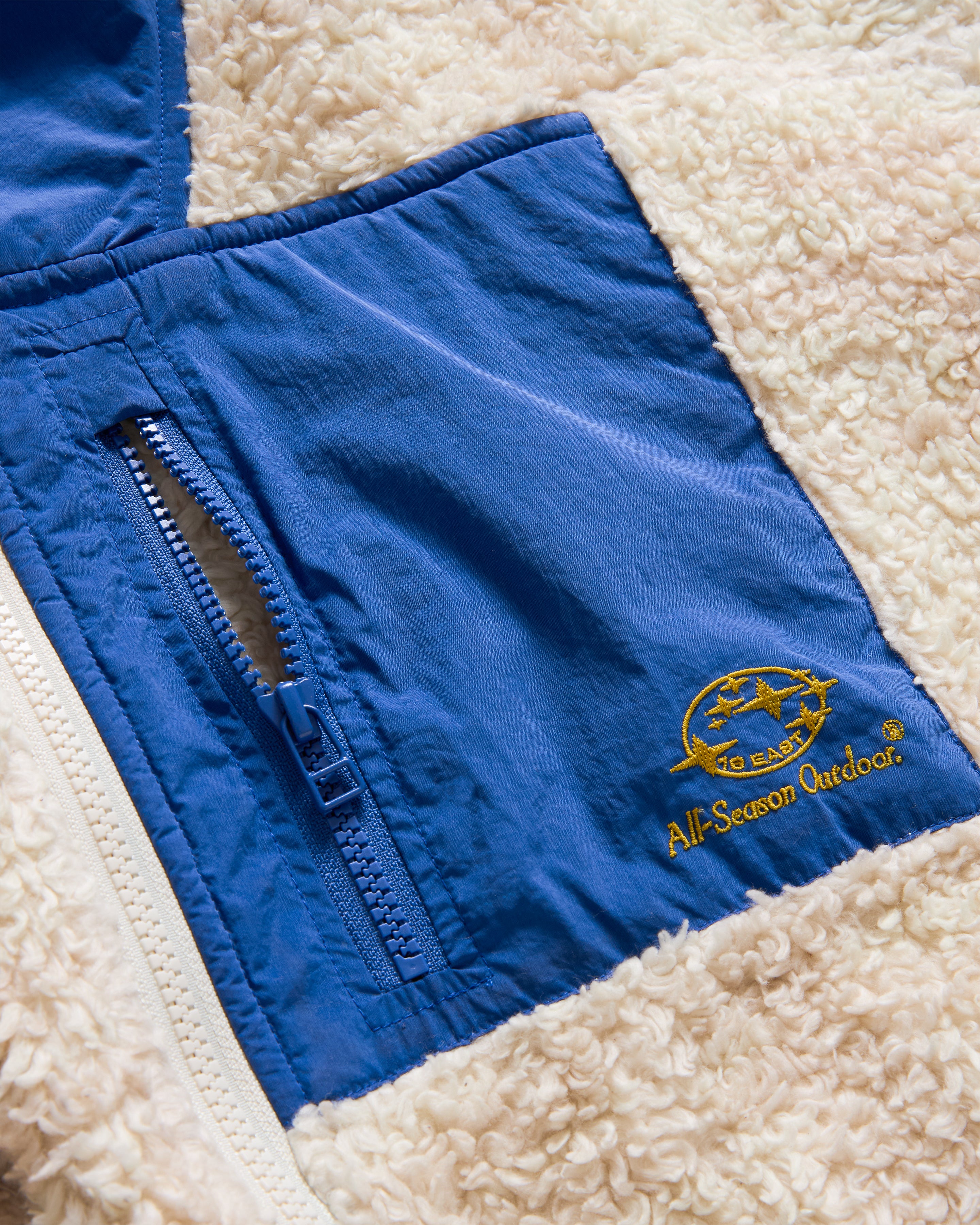 RC2 “WUF” FULLZIP DEEP PILE FLEECE - NATURAL SHADOW SCREENED ORGANIC COTTON SHERPA WITH CLOUDLESS BLUE NYLON DETAILS