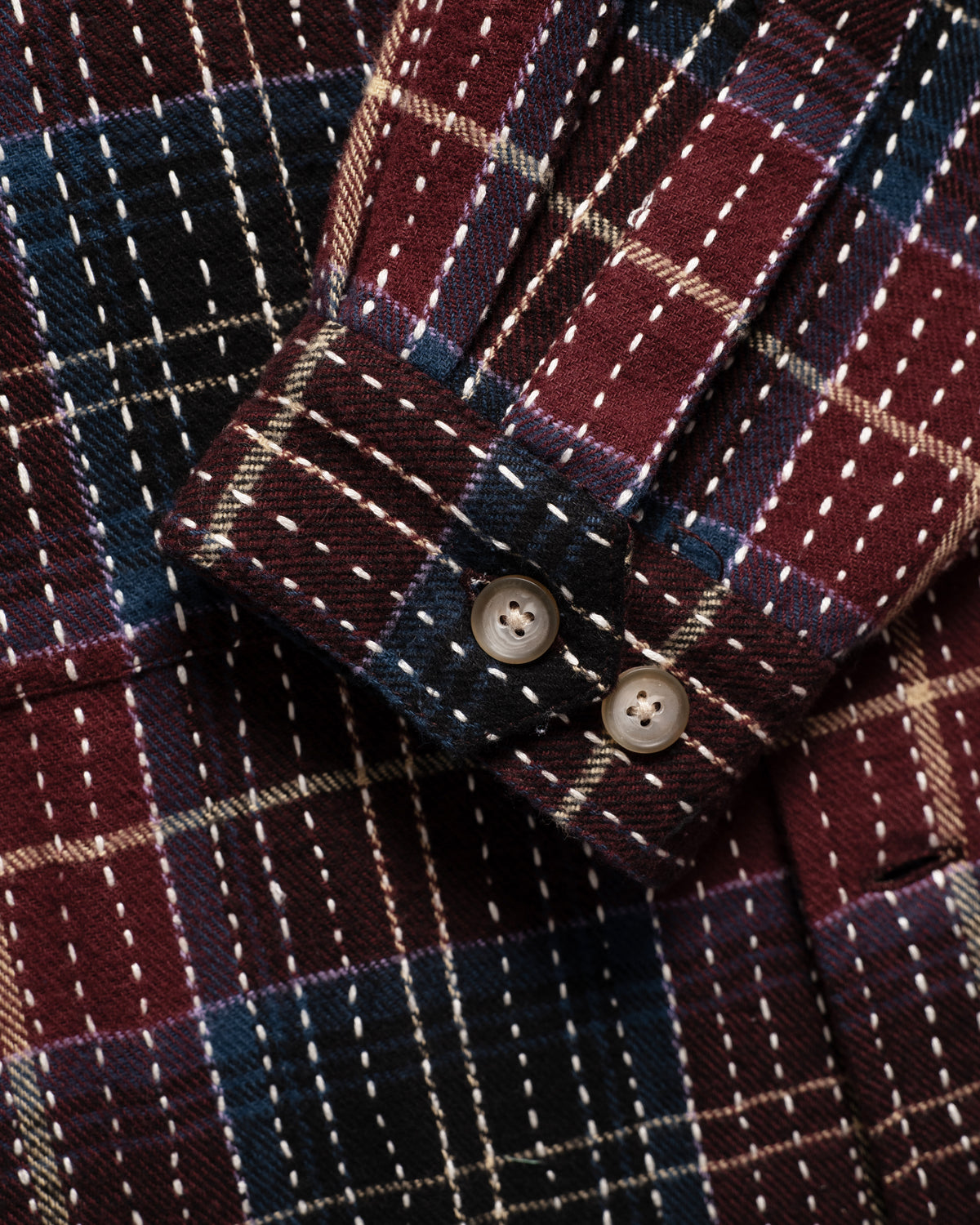CHAMOIS FLAP POCKET SAM SHIRT - CRIMSON / BLACK / WINTER WHITE / EVENING SKY / LILAC BRUSHED COTTON FANNEL WITH KANTHA STITCHING