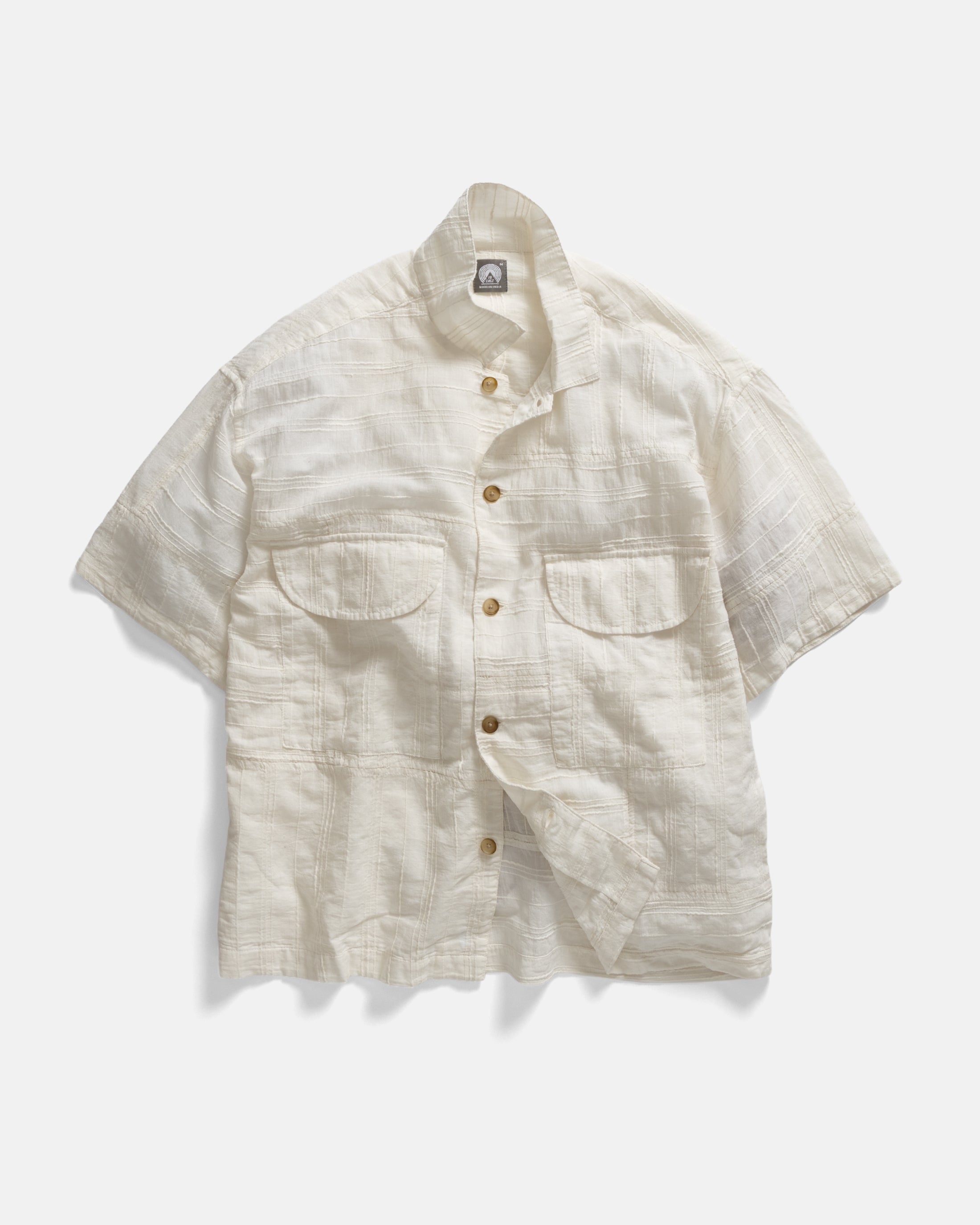 SS AGEROLA LATTICE STITCHED PATCHWORK SHIRT- TONAL WHITE SUMMER KHADI