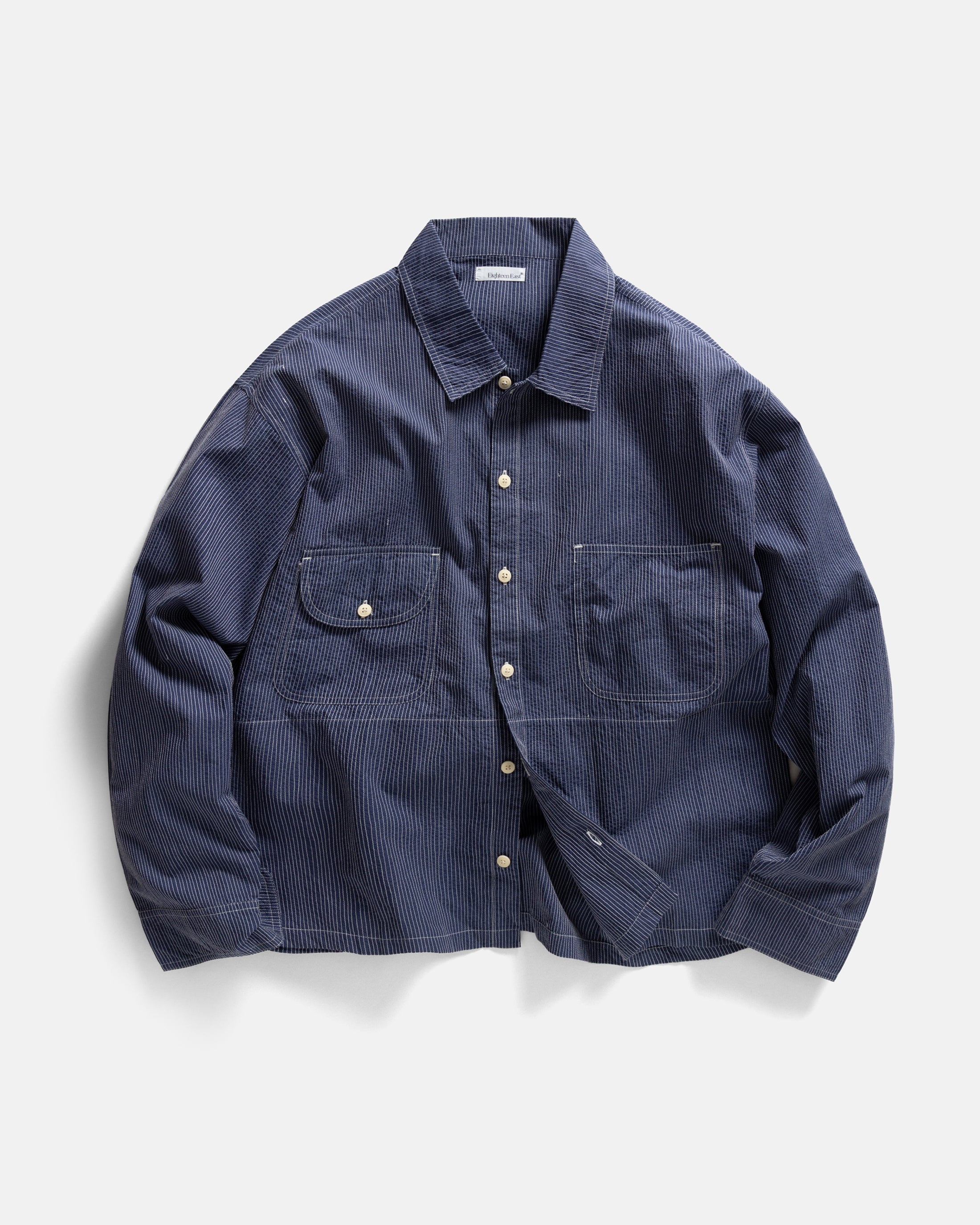 CROPPED OUTWORKER SHACKET - HABITAT BLUE COTTON CAMBRIC WITH ECRU EMBROIDERED PENCIL STRIPES