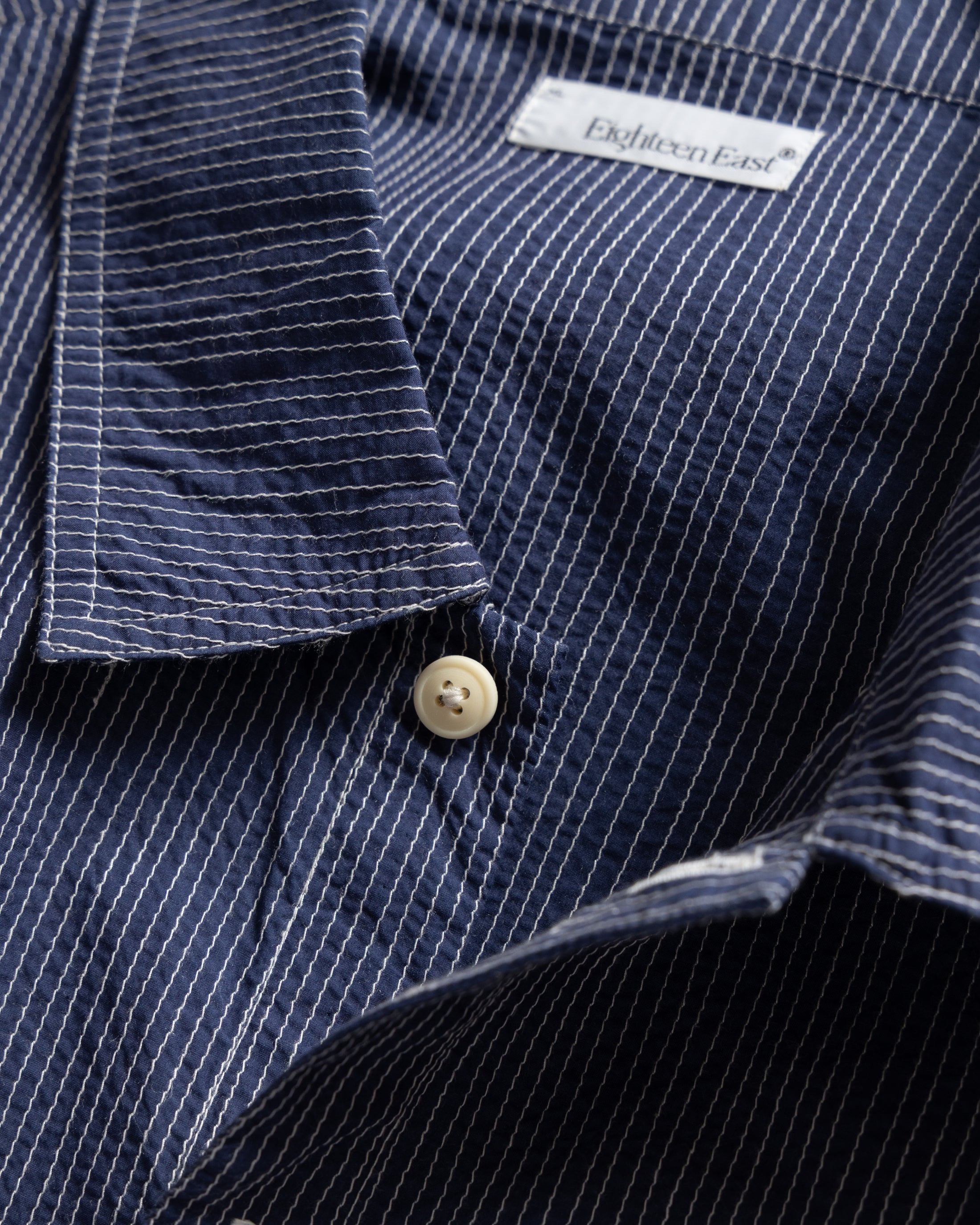 CROPPED OUTWORKER SHACKET - HABITAT BLUE COTTON CAMBRIC WITH ECRU EMBROIDERED PENCIL STRIPES