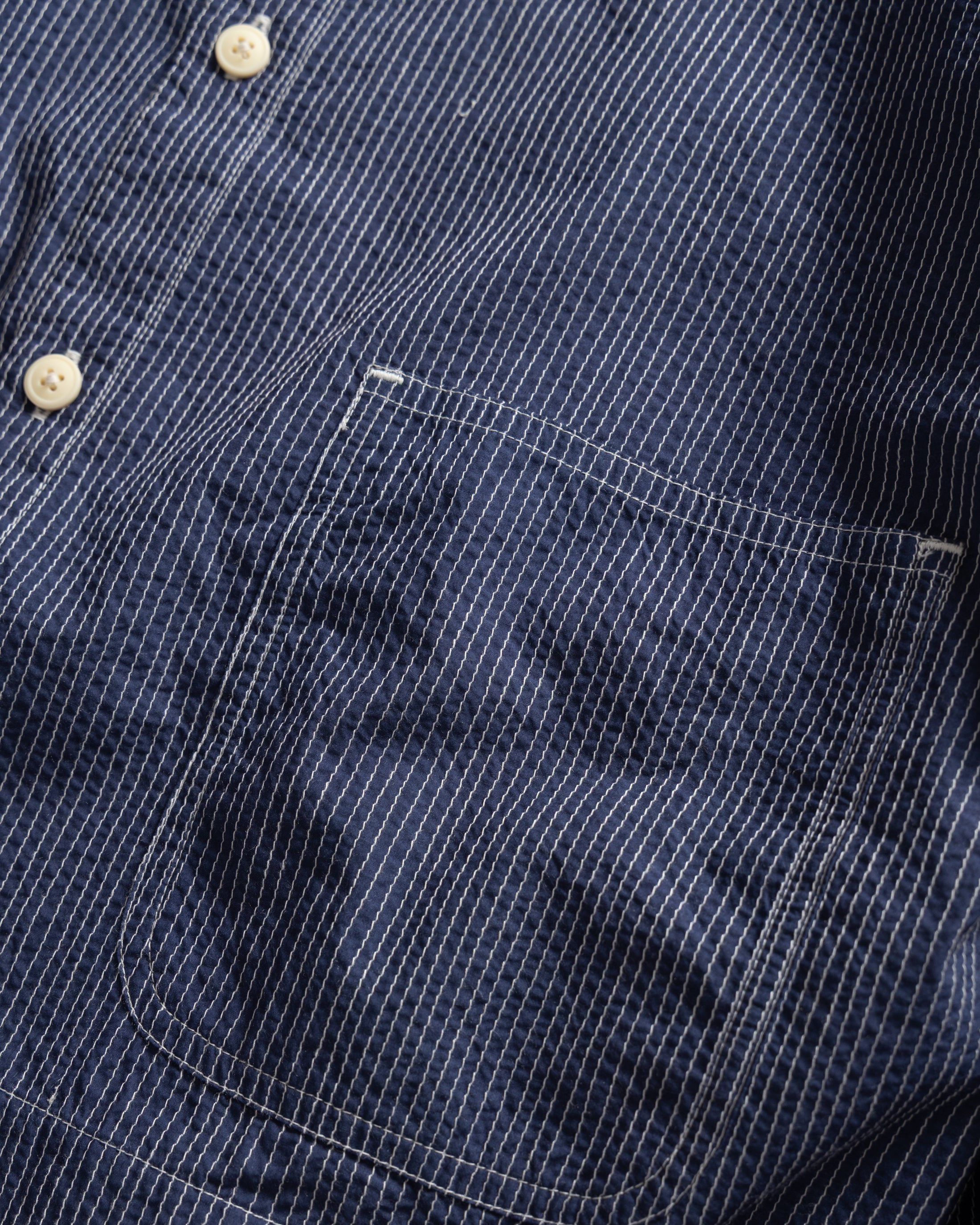 CROPPED OUTWORKER SHACKET - HABITAT BLUE COTTON CAMBRIC WITH ECRU EMBROIDERED PENCIL STRIPES