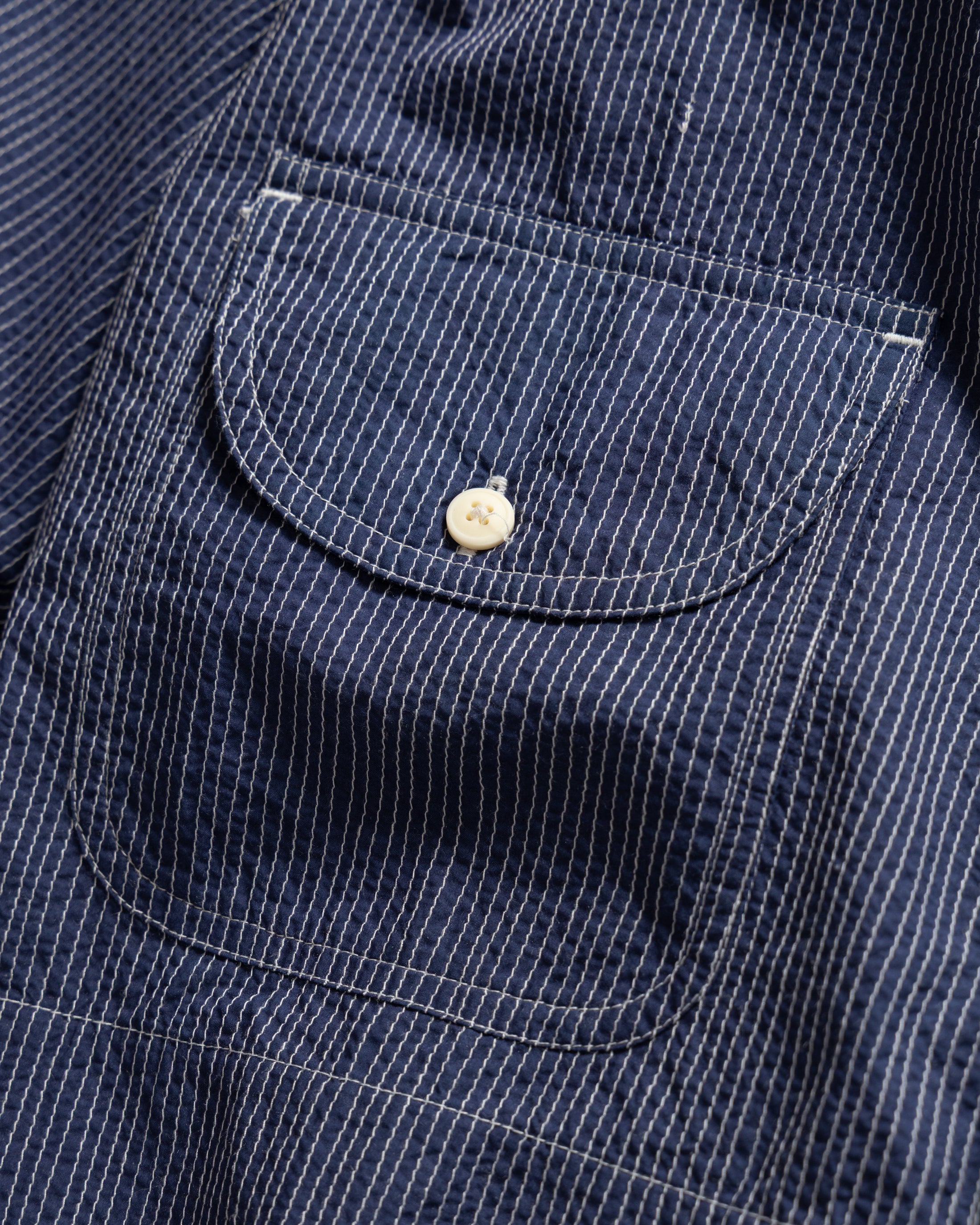 CROPPED OUTWORKER SHACKET - HABITAT BLUE COTTON CAMBRIC WITH ECRU EMBROIDERED PENCIL STRIPES