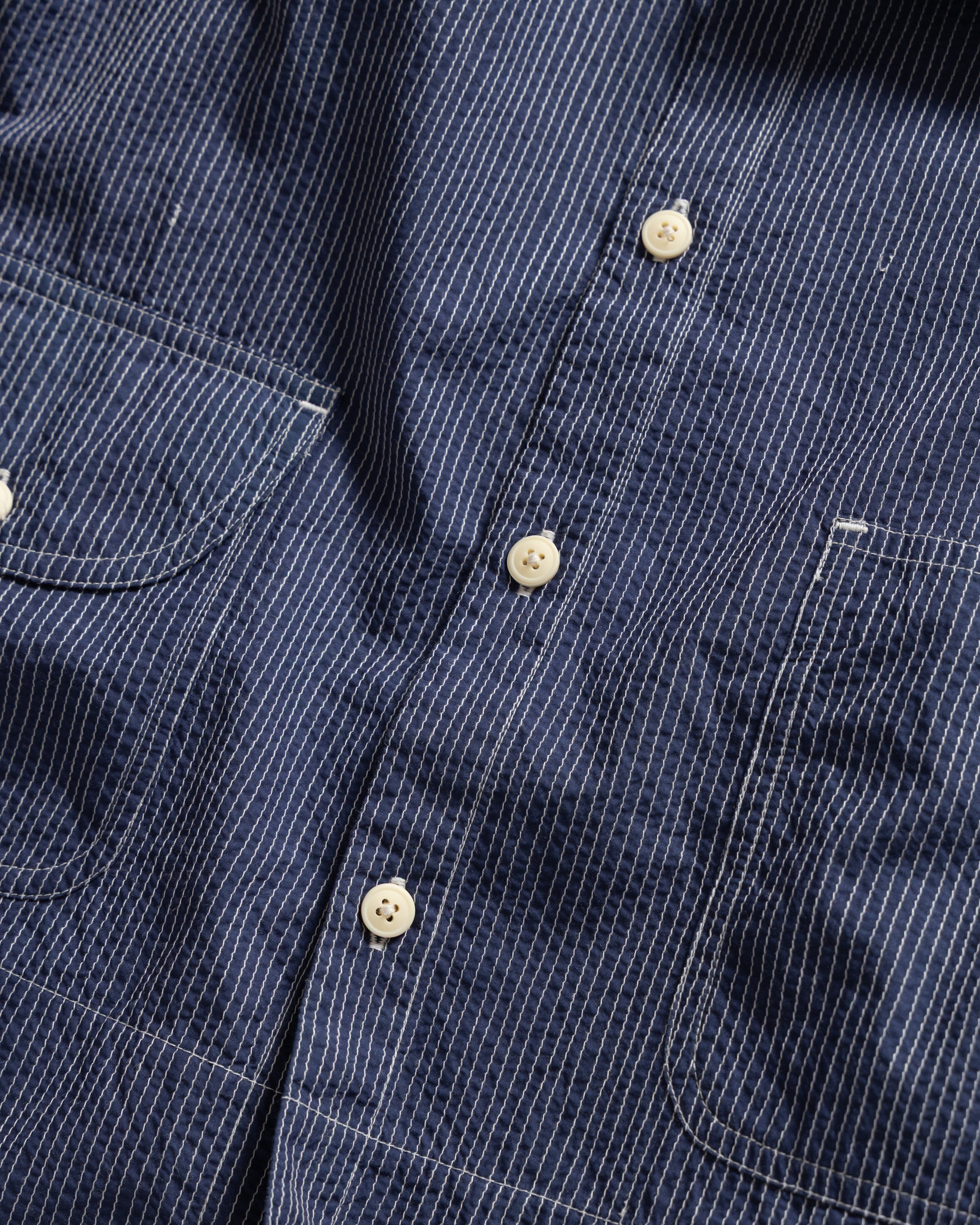 CROPPED OUTWORKER SHACKET - HABITAT BLUE COTTON CAMBRIC WITH ECRU EMBROIDERED PENCIL STRIPES