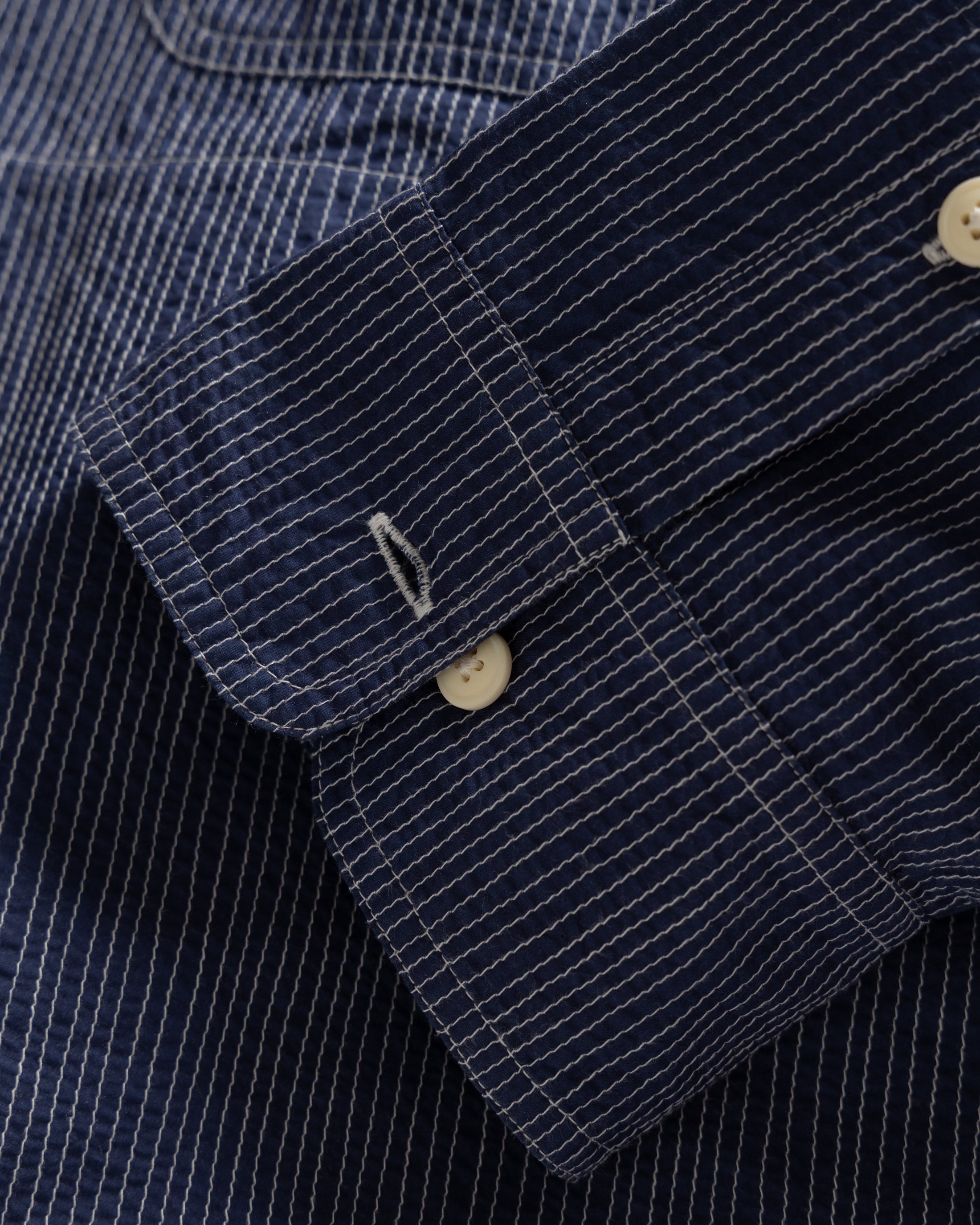 CROPPED OUTWORKER SHACKET - HABITAT BLUE COTTON CAMBRIC WITH ECRU EMBROIDERED PENCIL STRIPES