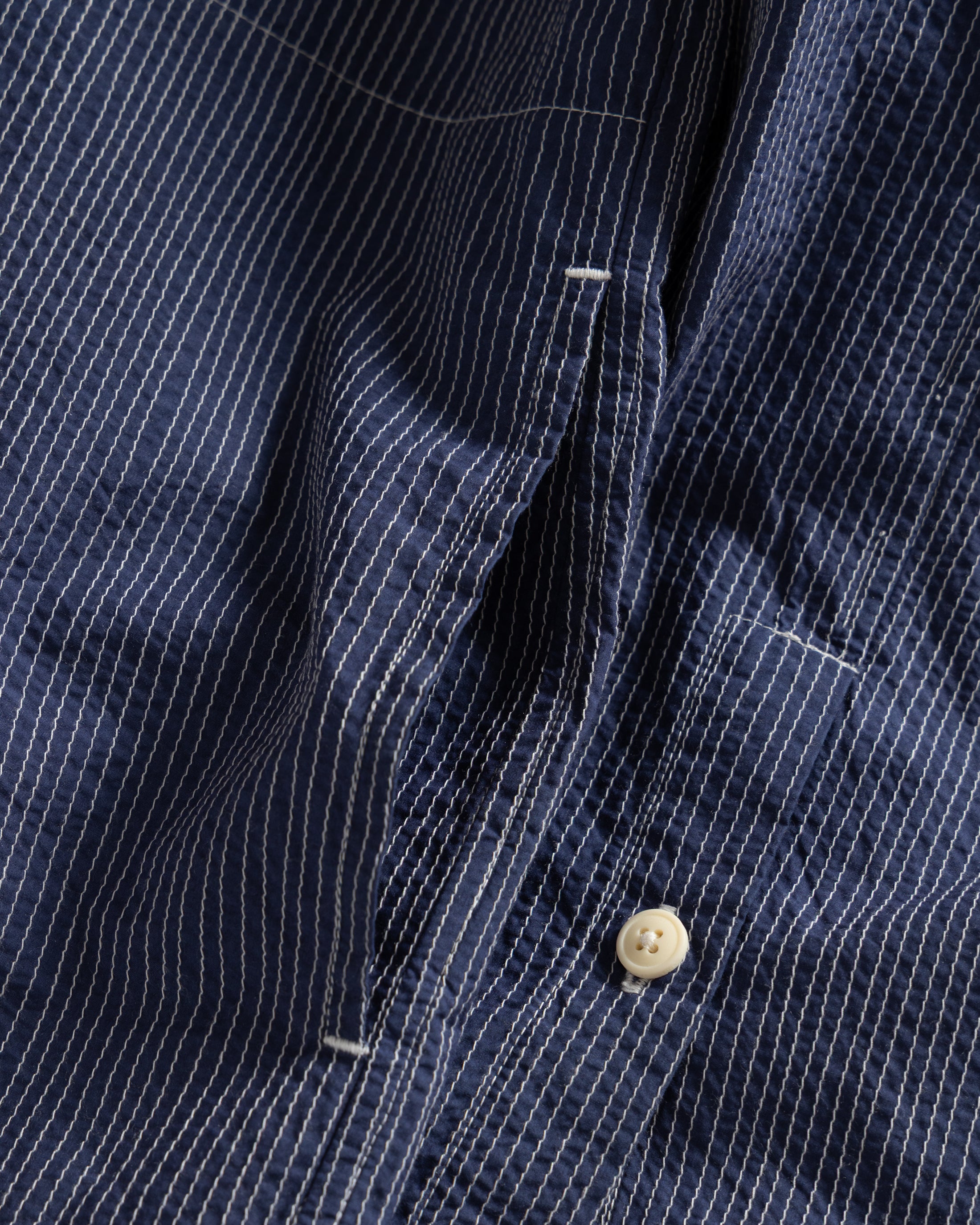 CROPPED OUTWORKER SHACKET - HABITAT BLUE COTTON CAMBRIC WITH ECRU EMBROIDERED PENCIL STRIPES