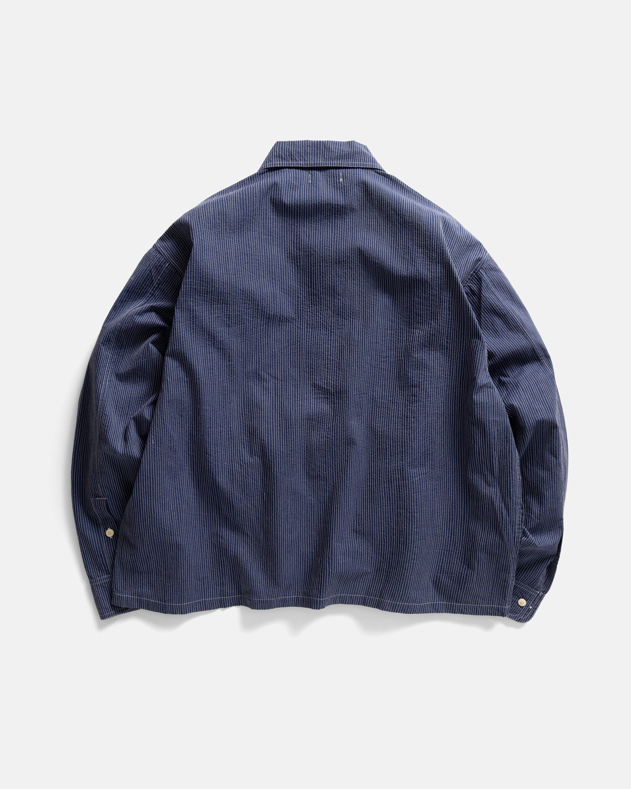 CROPPED OUTWORKER SHACKET - HABITAT BLUE COTTON CAMBRIC WITH ECRU EMBROIDERED PENCIL STRIPES