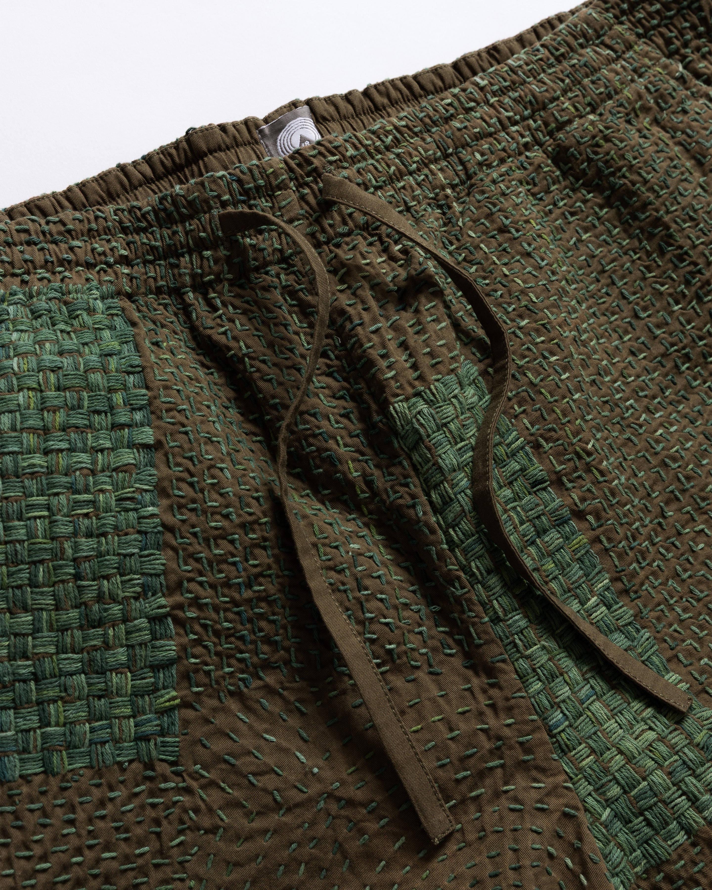 JAIPUR EASY SHORTS - OLIVE / "GRINDIGO" PATCHWORK KANTHA STITCHED COTTON CANVAS