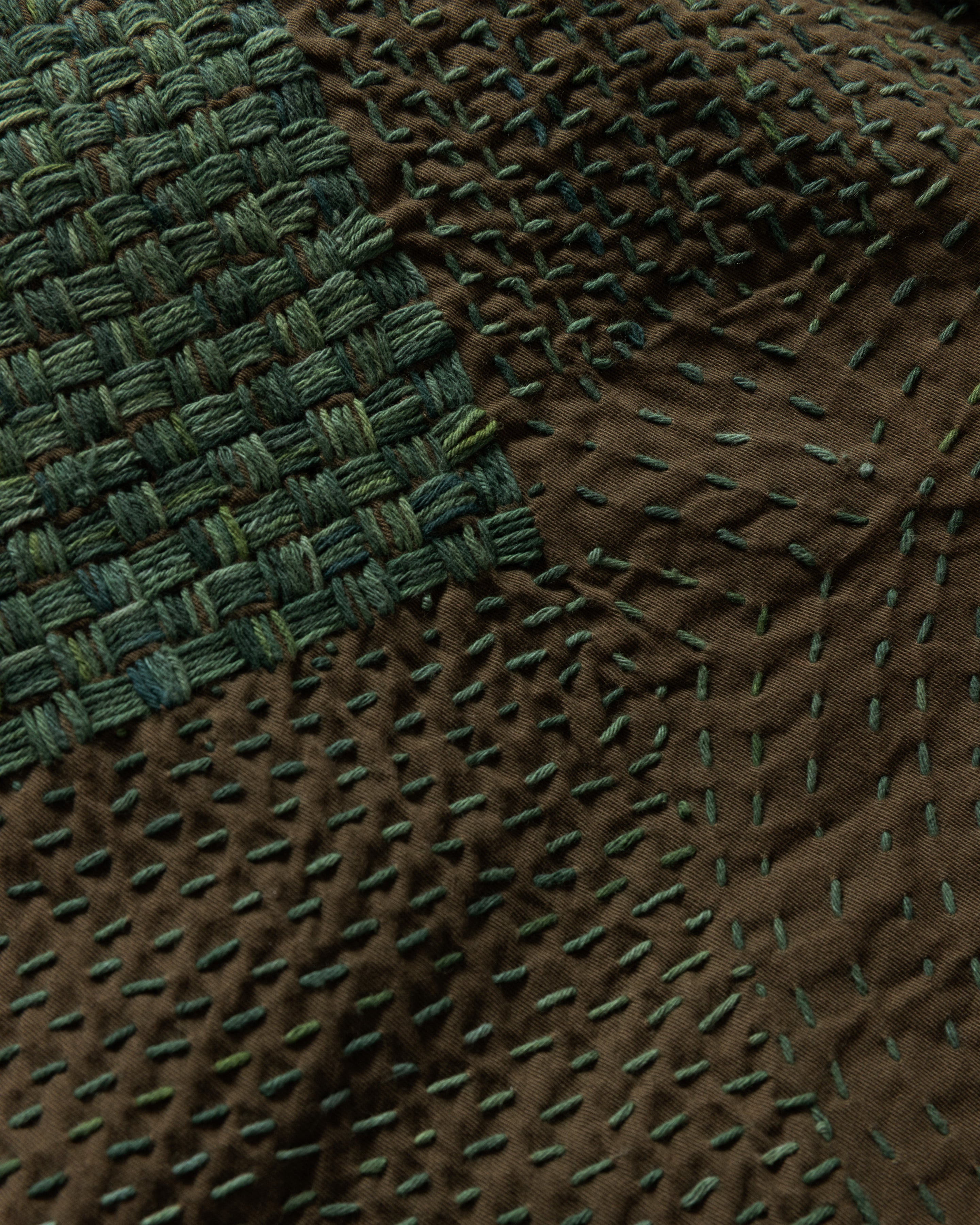 JAIPUR EASY SHORTS - OLIVE / "GRINDIGO" PATCHWORK KANTHA STITCHED COTTON CANVAS