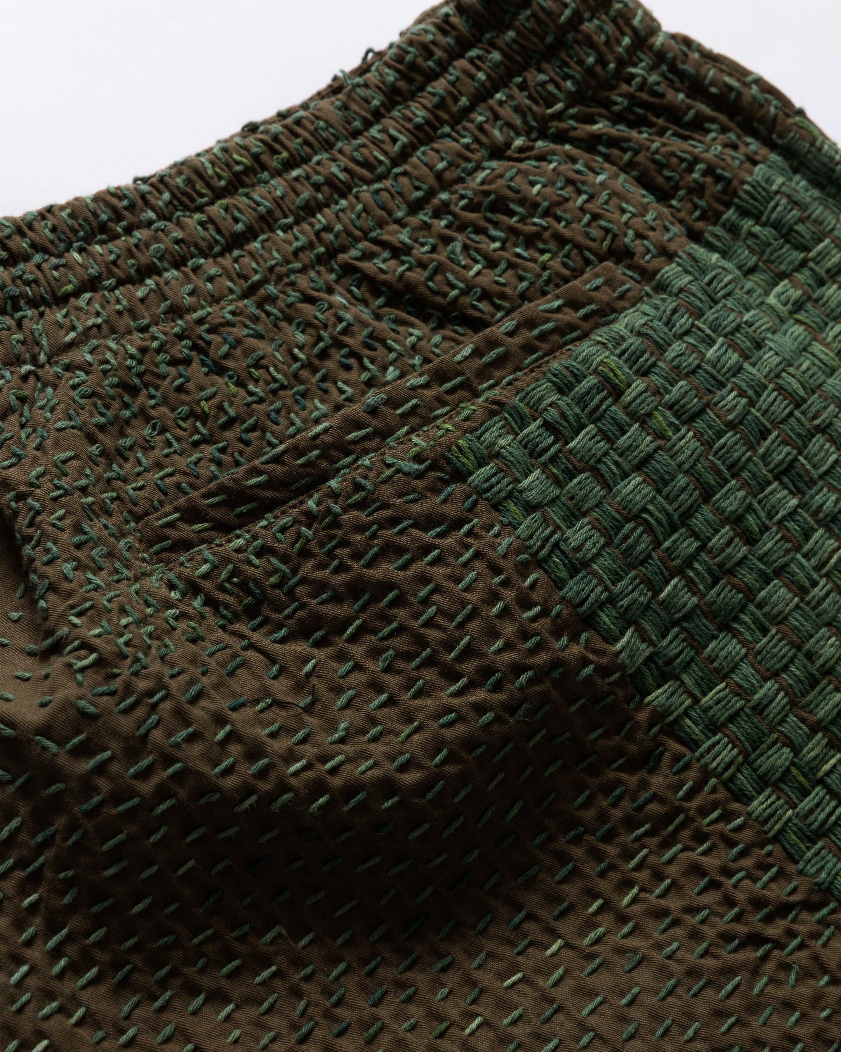 JAIPUR EASY SHORTS - OLIVE / "GRINDIGO" PATCHWORK KANTHA STITCHED COTTON CANVAS