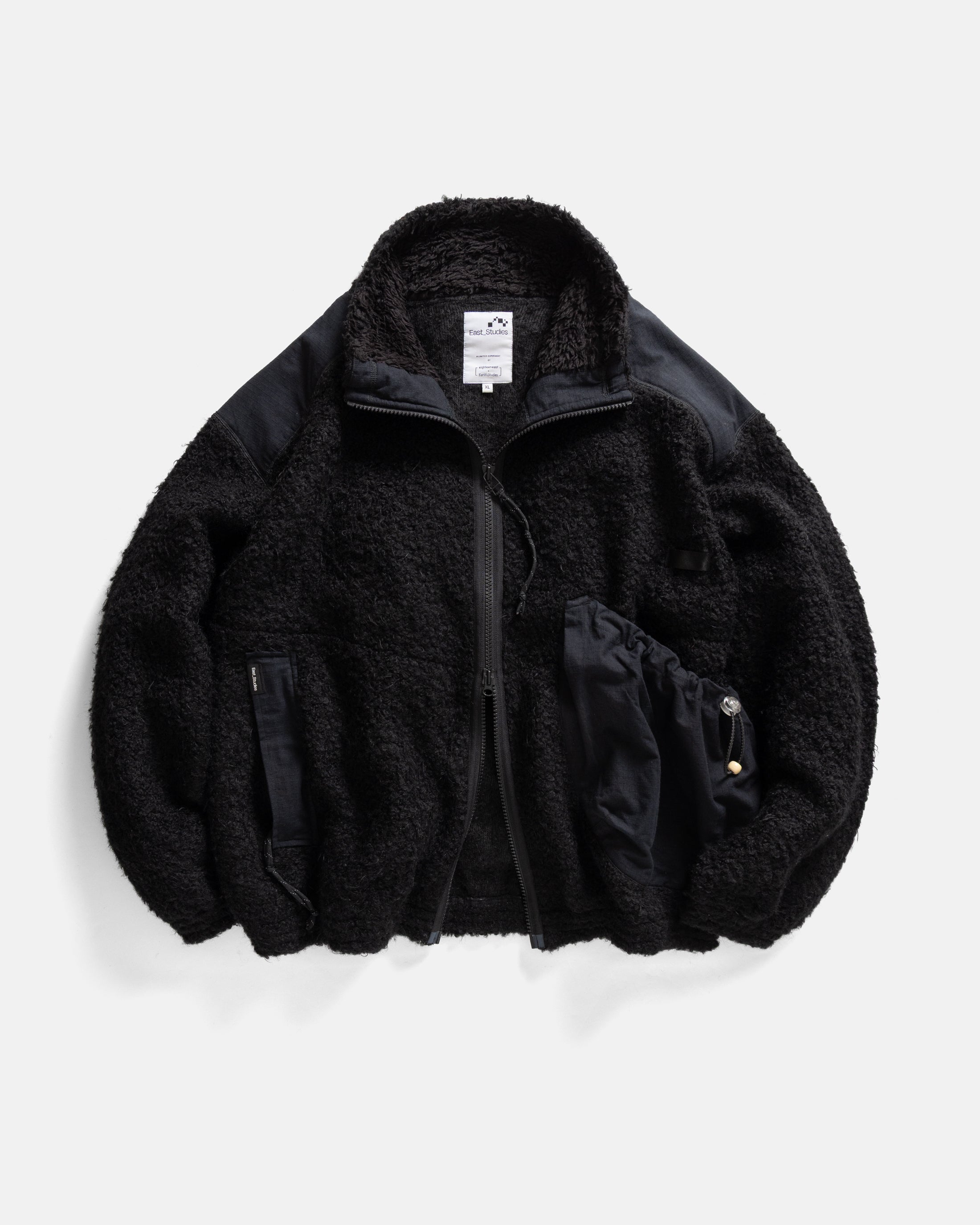 EAST STUDIES MS-110 ESCEP JACKET - ELFIN SADDLE "FOHAIR" BLENDED WOOLEN BOUCLÉ / WASHED BLACK RIPSTOP COTTON