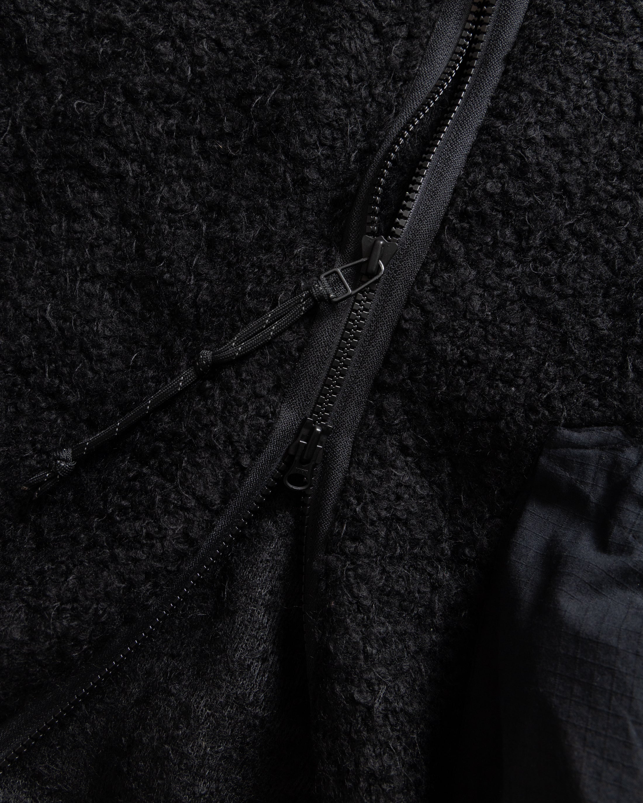 EAST STUDIES MS-110 ESCEP JACKET - ELFIN SADDLE "FOHAIR" BLENDED WOOLEN BOUCLÉ / WASHED BLACK RIPSTOP COTTON