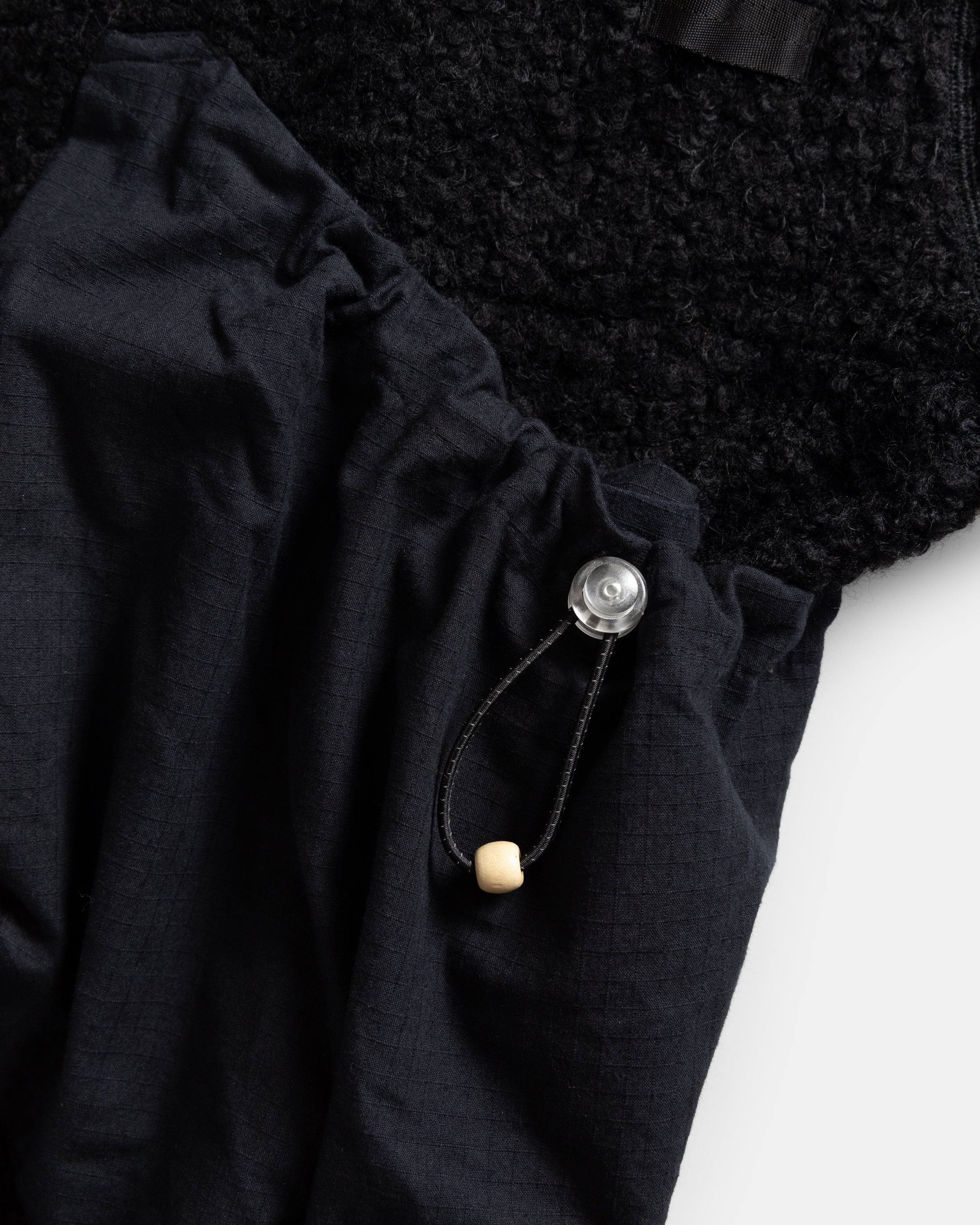 EAST STUDIES MS-110 ESCEP JACKET - ELFIN SADDLE "FOHAIR" BLENDED WOOLEN BOUCLÉ / WASHED BLACK RIPSTOP COTTON