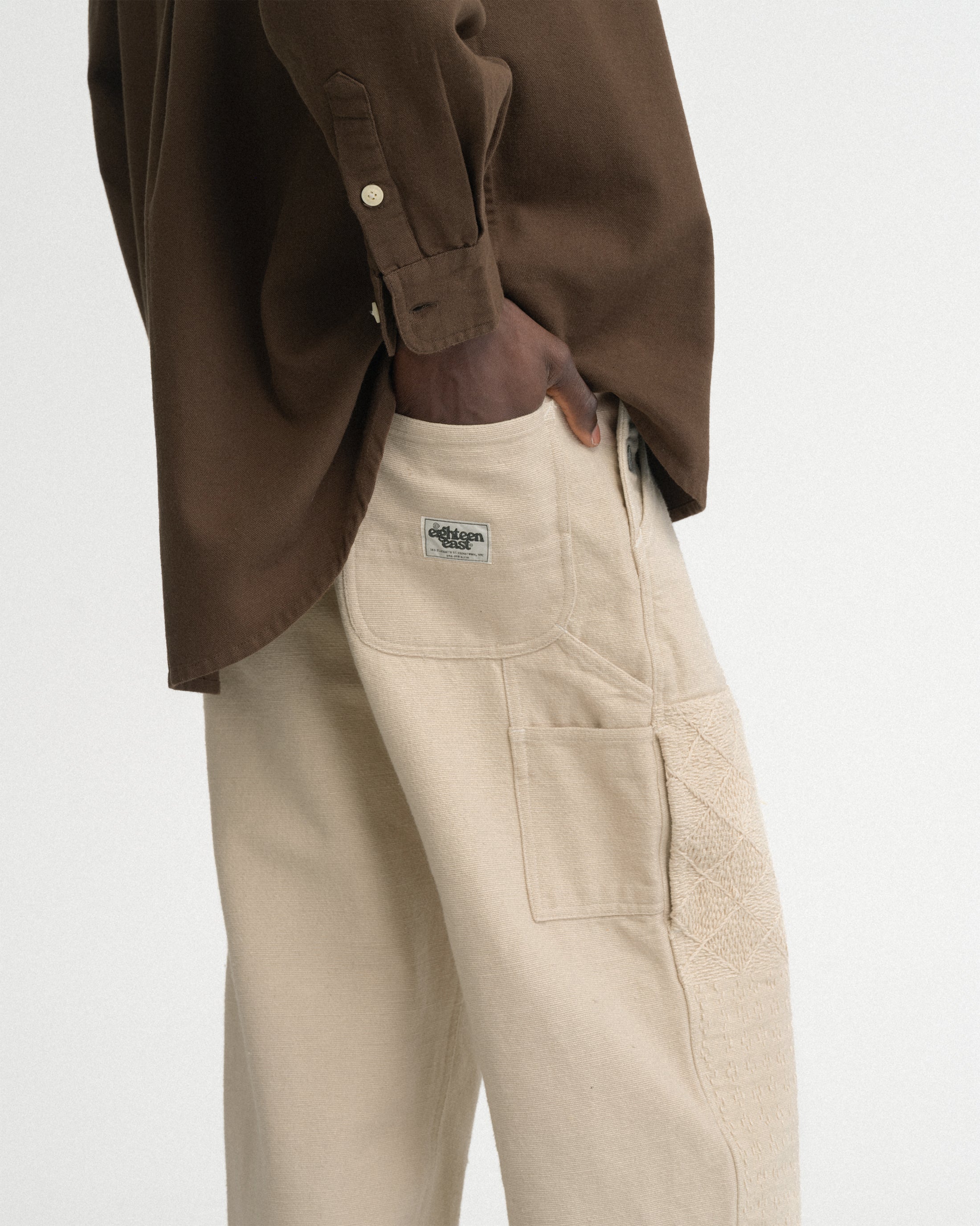 ELI HAND-EMBROIDERED DOUBLE KNEE WORK PANT - AGED SAND HANDSPUN COTTON CANVAS