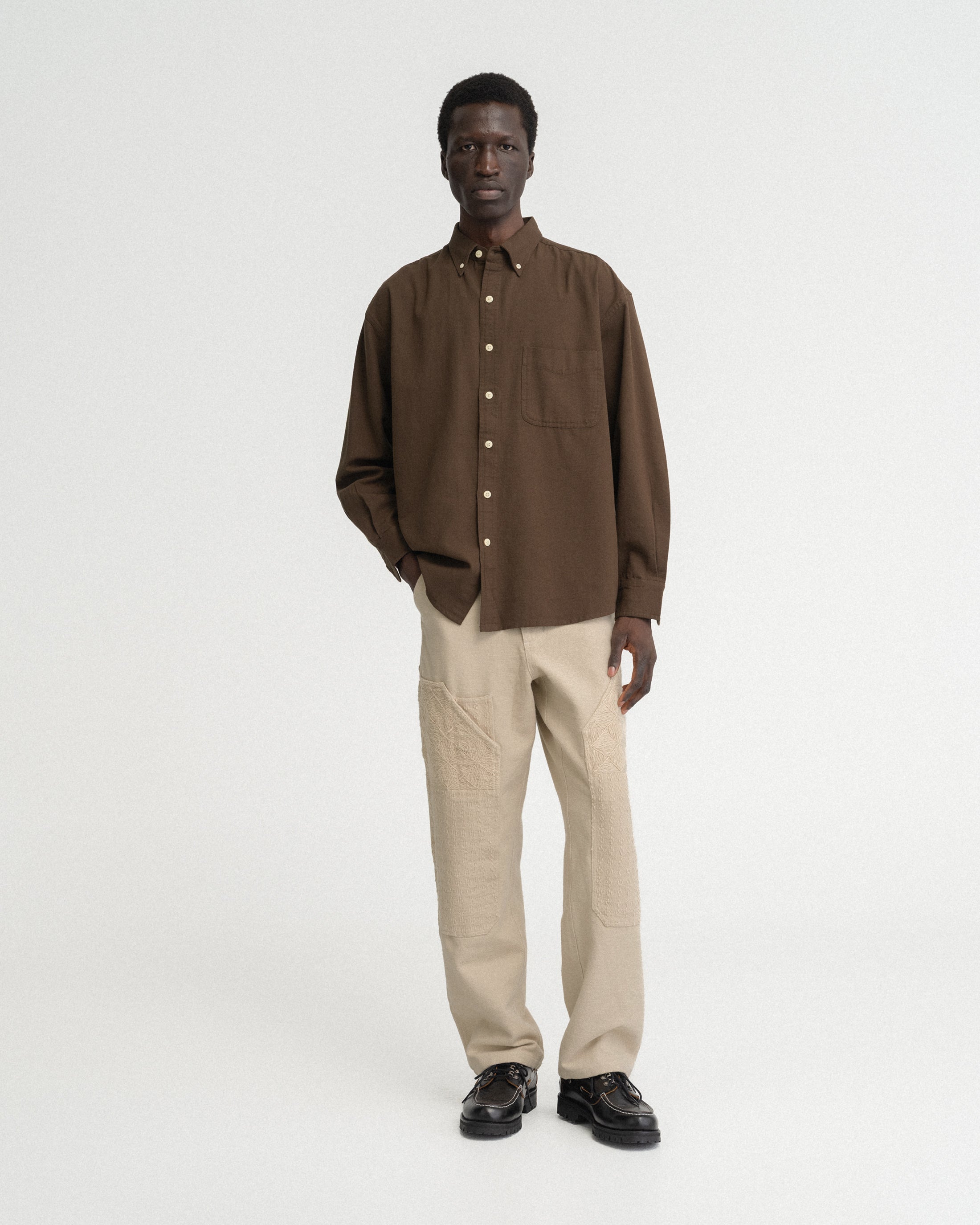 ELI HAND-EMBROIDERED DOUBLE KNEE WORK PANT - AGED SAND HANDSPUN COTTON CANVAS