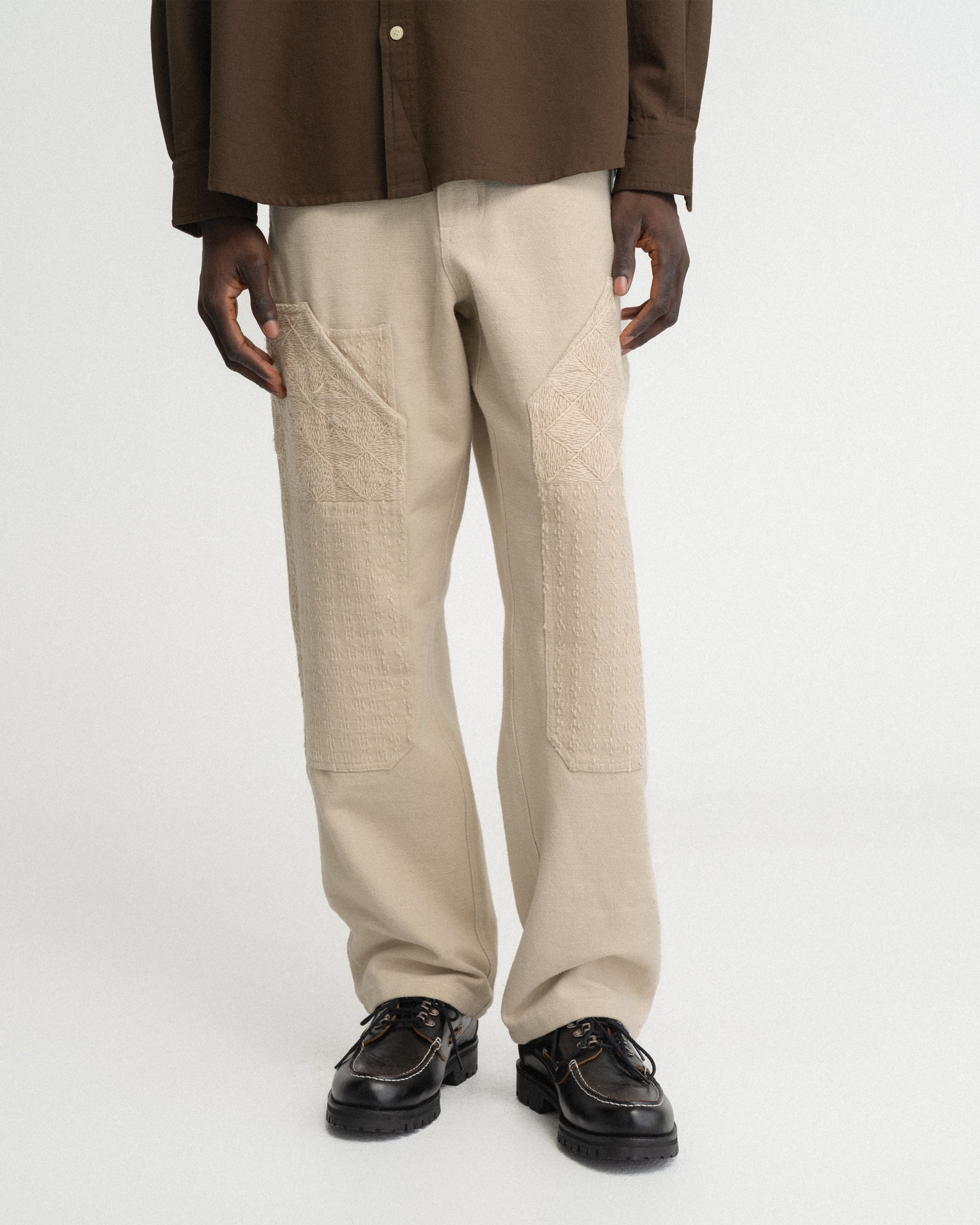 ELI HAND-EMBROIDERED DOUBLE KNEE WORK PANT - AGED SAND HANDSPUN COTTON CANVAS