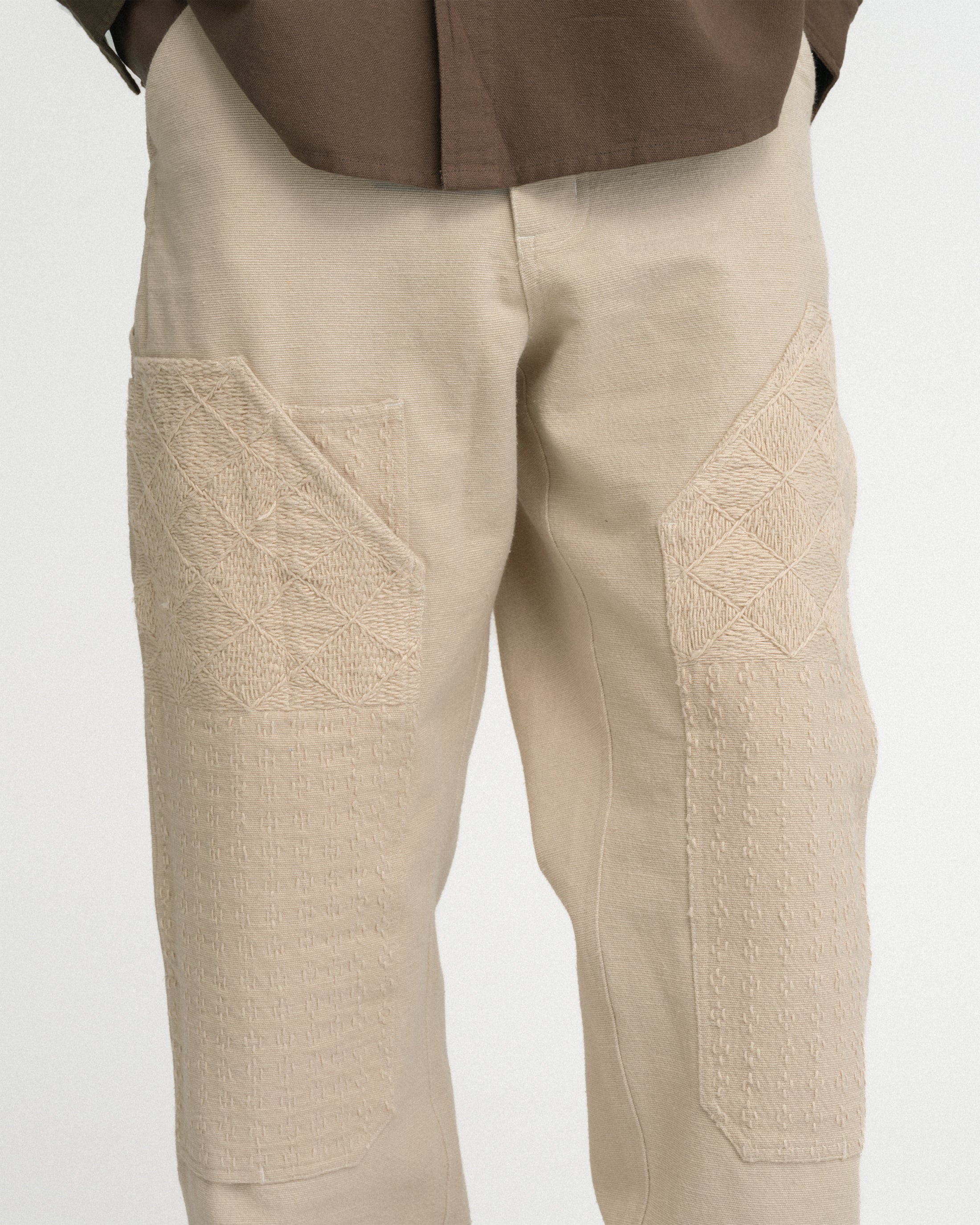 ELI HAND-EMBROIDERED DOUBLE KNEE WORK PANT - AGED SAND HANDSPUN COTTON CANVAS