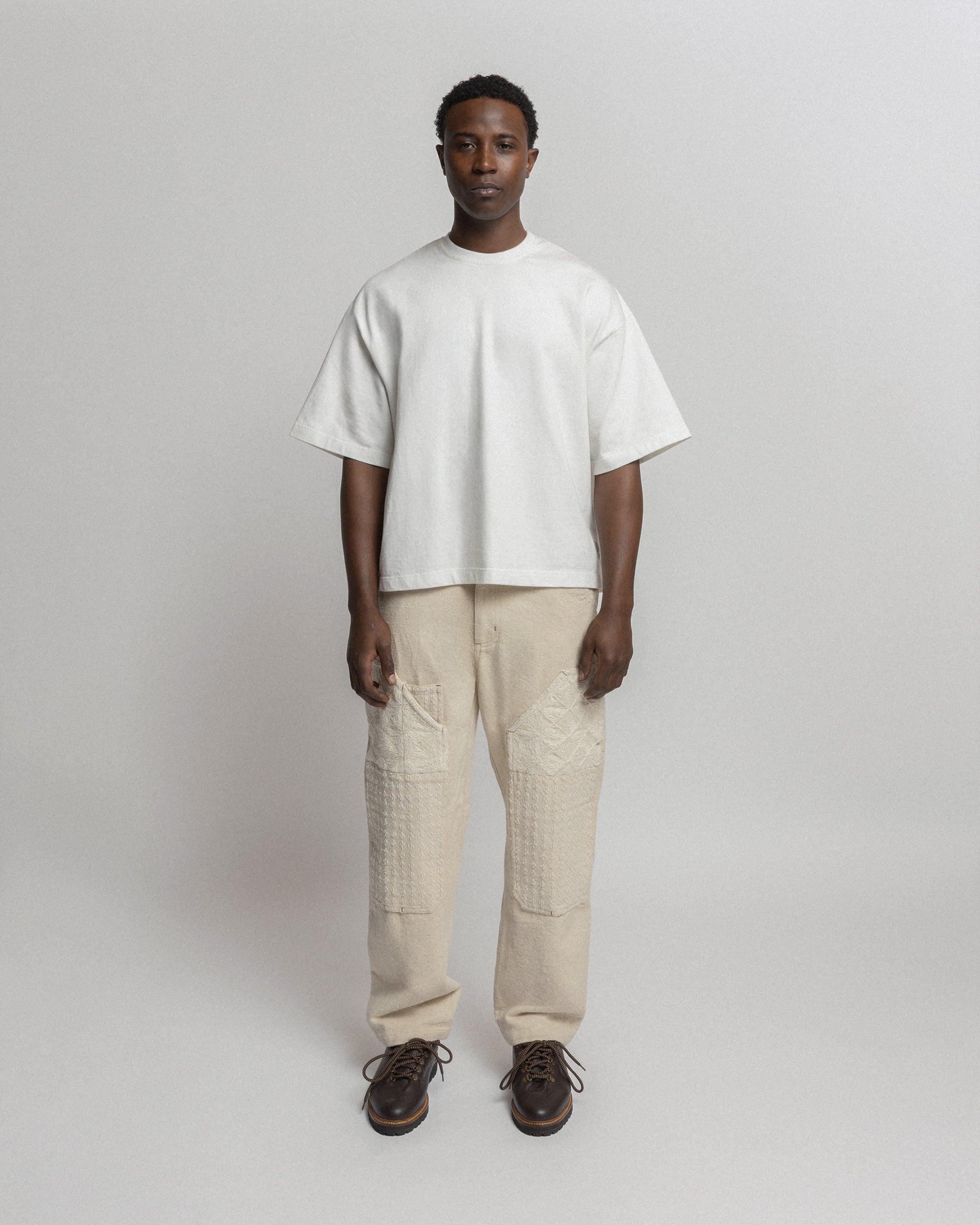 ELI HAND-EMBROIDERED DOUBLE KNEE WORK PANT - UNDYED ECRU HANDSPUN COTTON CANVAS