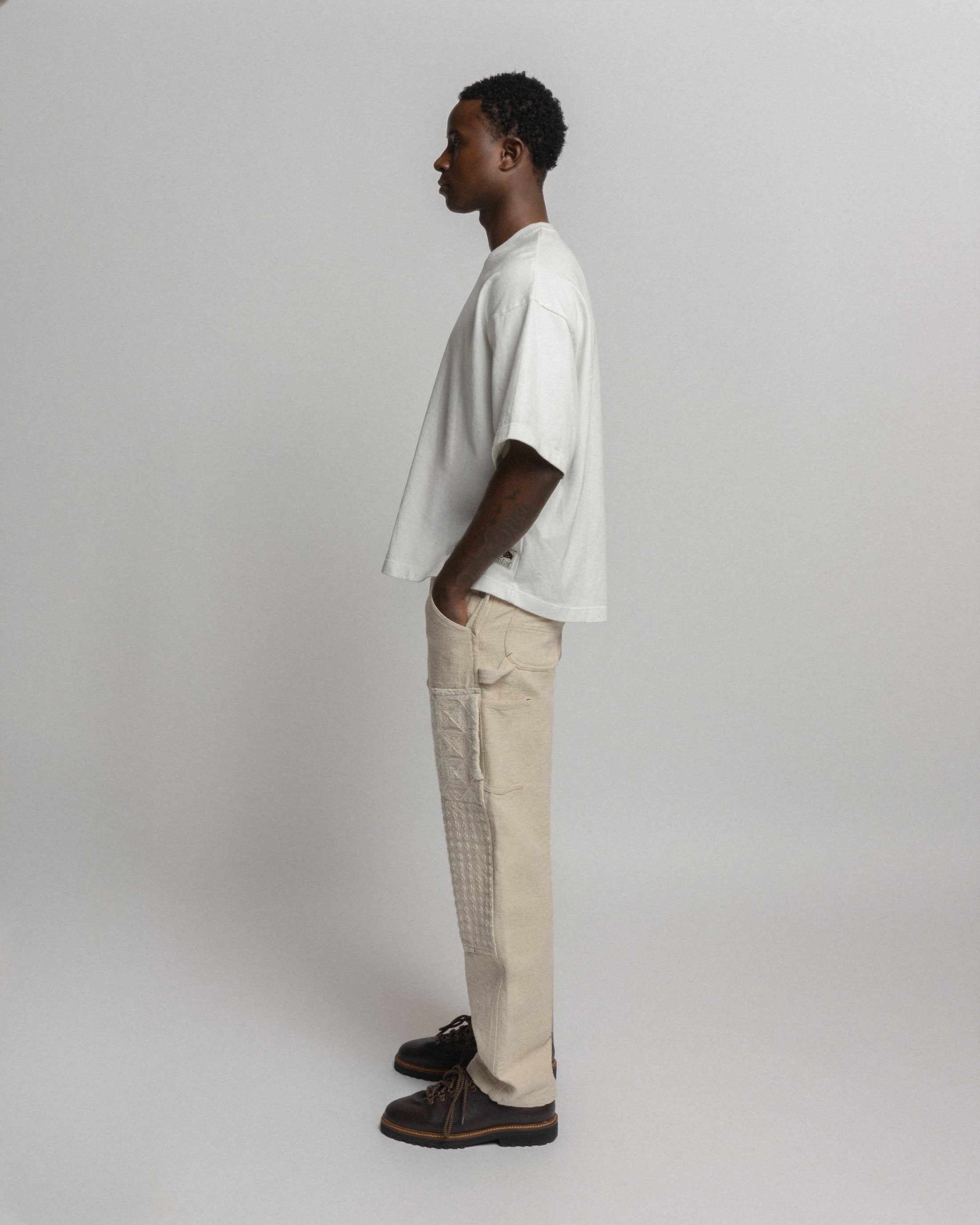 ELI HAND-EMBROIDERED DOUBLE KNEE WORK PANT - UNDYED ECRU HANDSPUN COTTON CANVAS