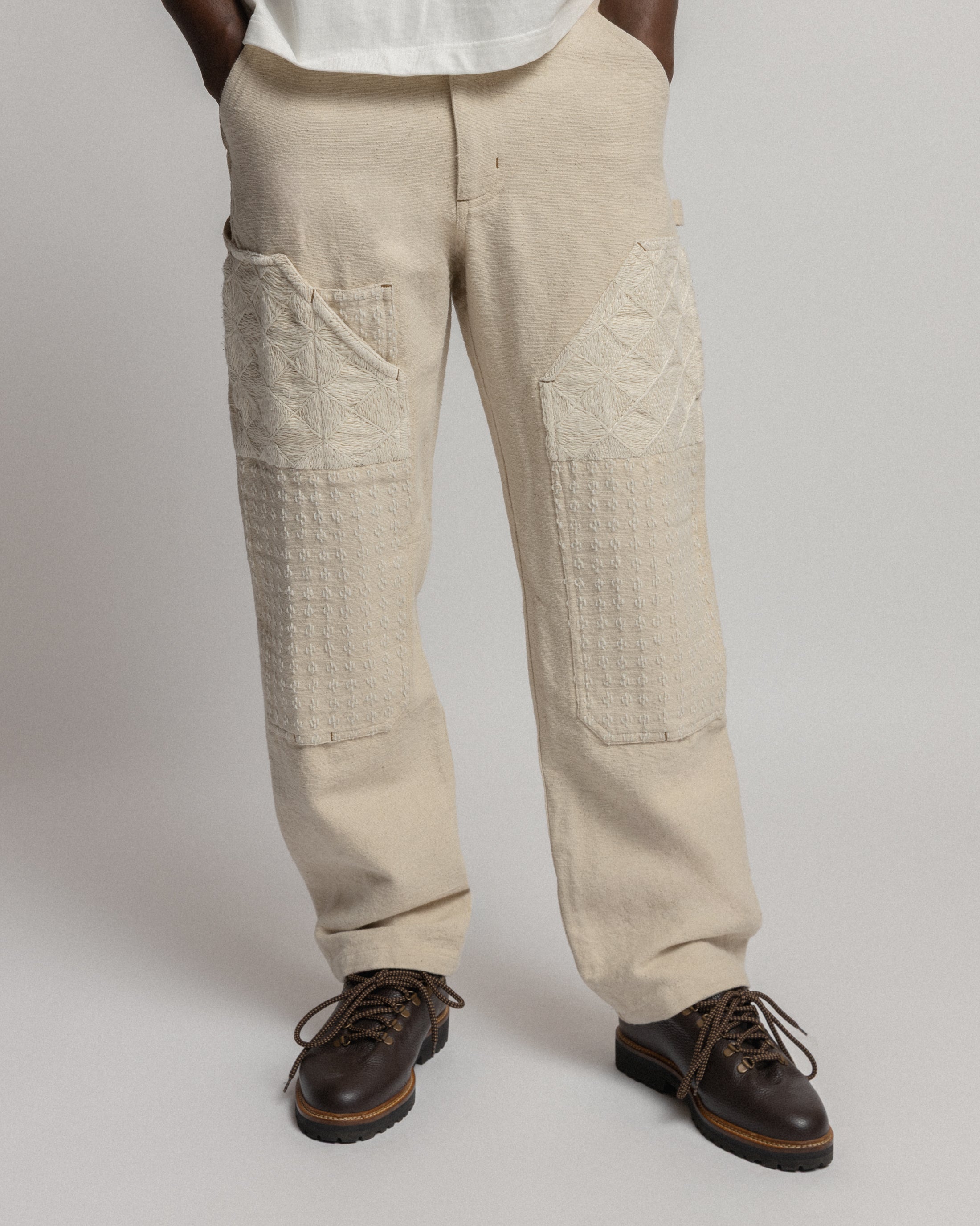 ELI HAND-EMBROIDERED DOUBLE KNEE WORK PANT - UNDYED ECRU HANDSPUN COTTON CANVAS