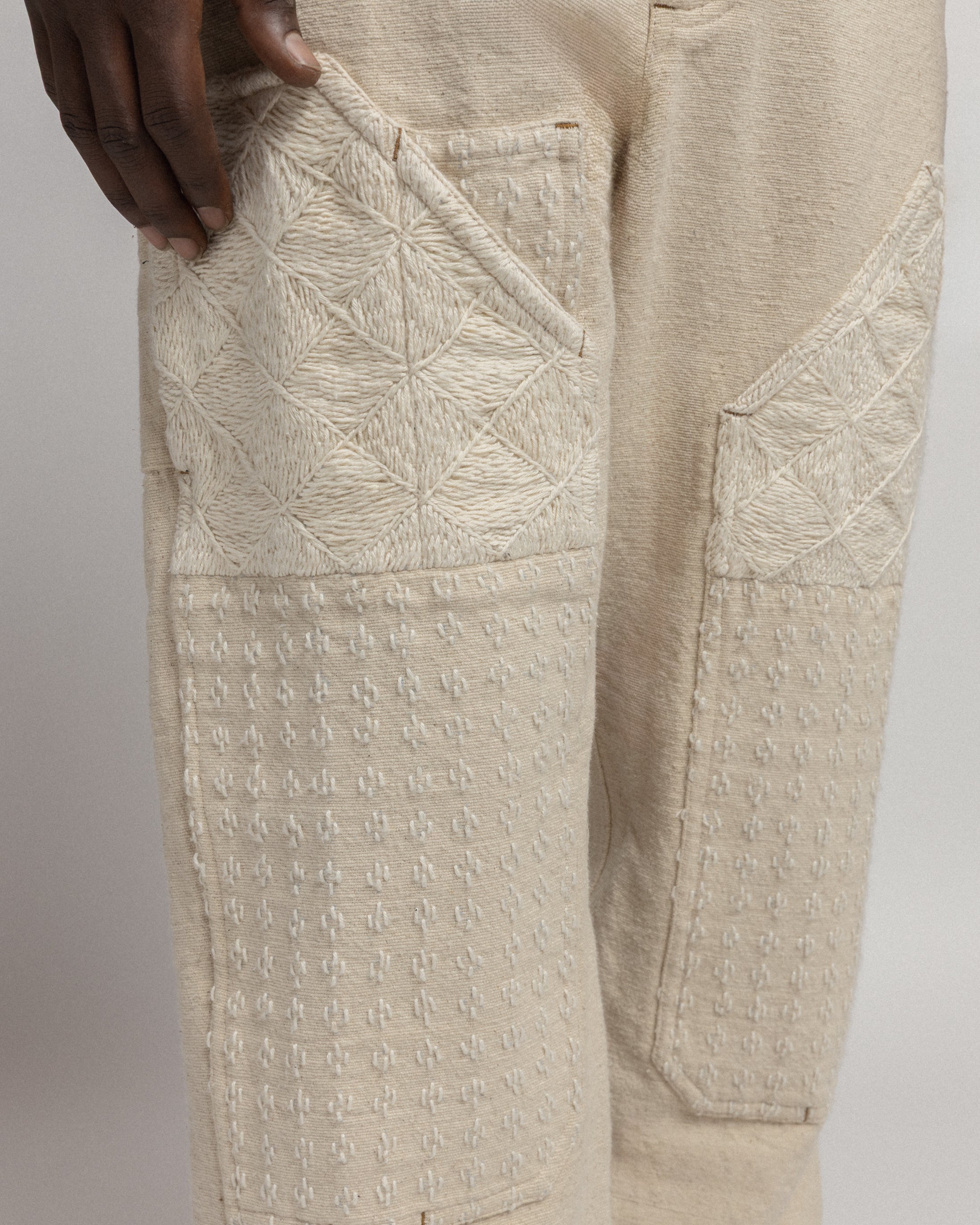 ELI HAND-EMBROIDERED DOUBLE KNEE WORK PANT - UNDYED ECRU HANDSPUN COTTON CANVAS