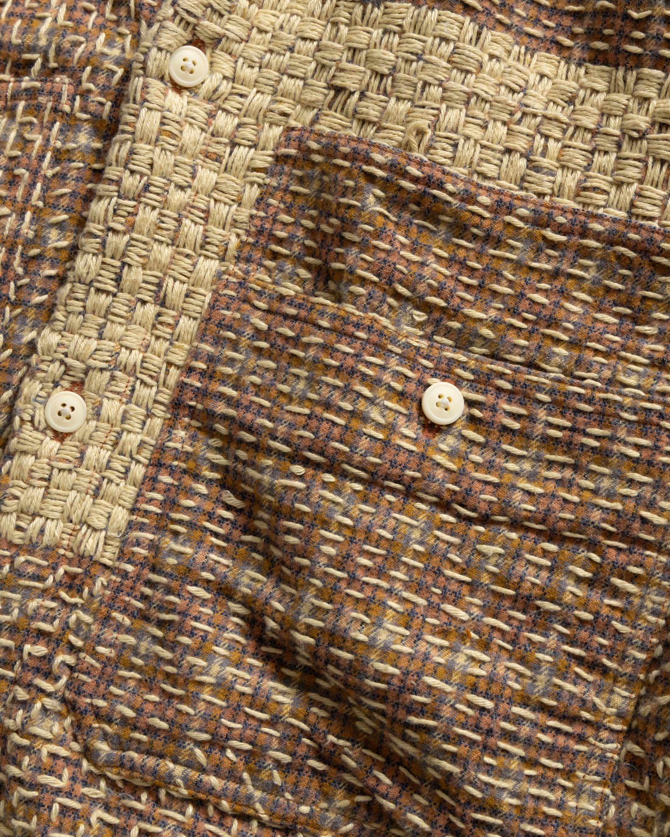 PILCHUCK HAND-EMBROIDERED OVERSHIRT - CLAY / BUTTER /TANGERINE / FOG / ECRU / LAVENDAR COTTON FLANNEL WITH KANTHA STITCHING