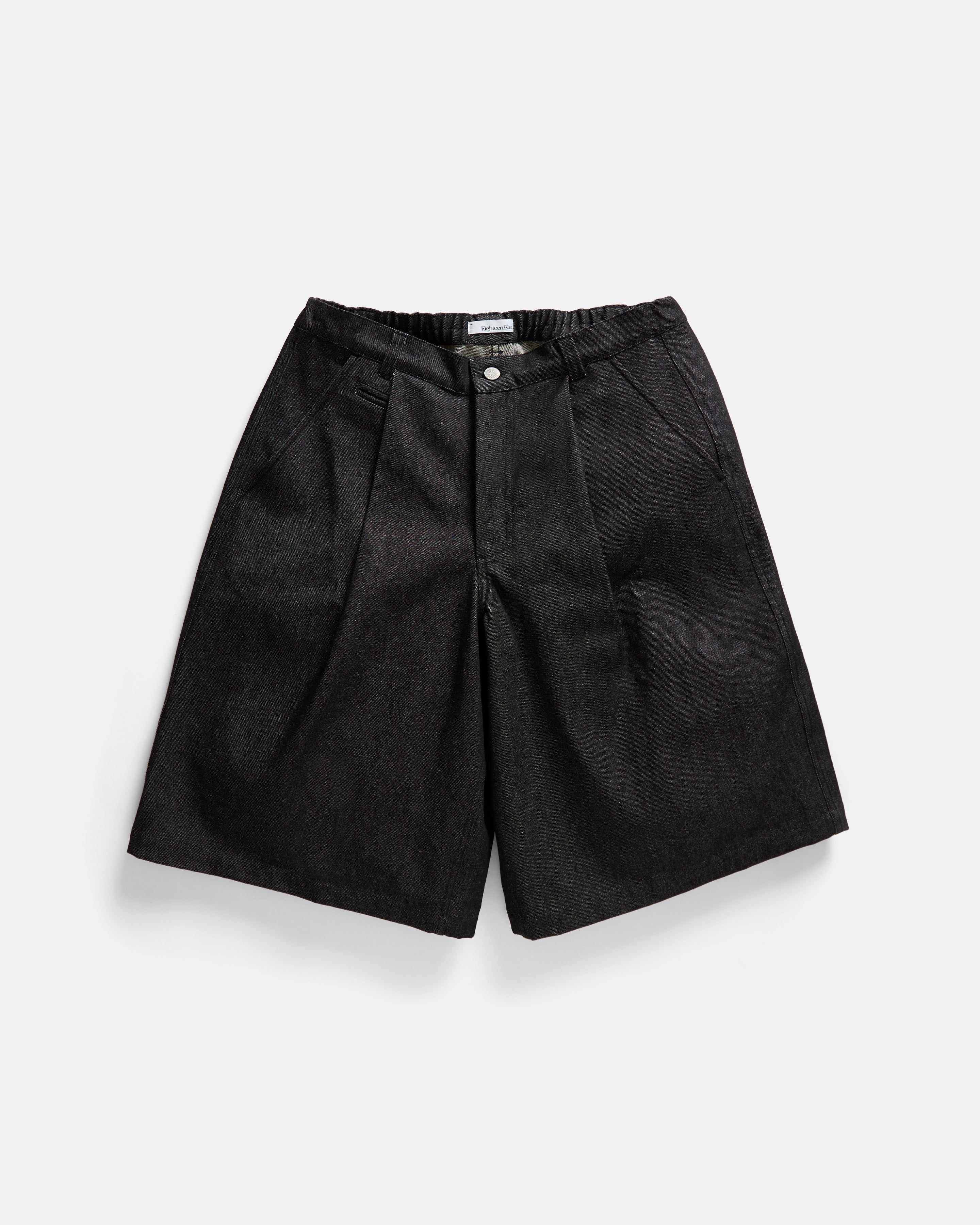 EMERY PLEATED BIG SHORTS - BLACK 13oz. RAW DENIM