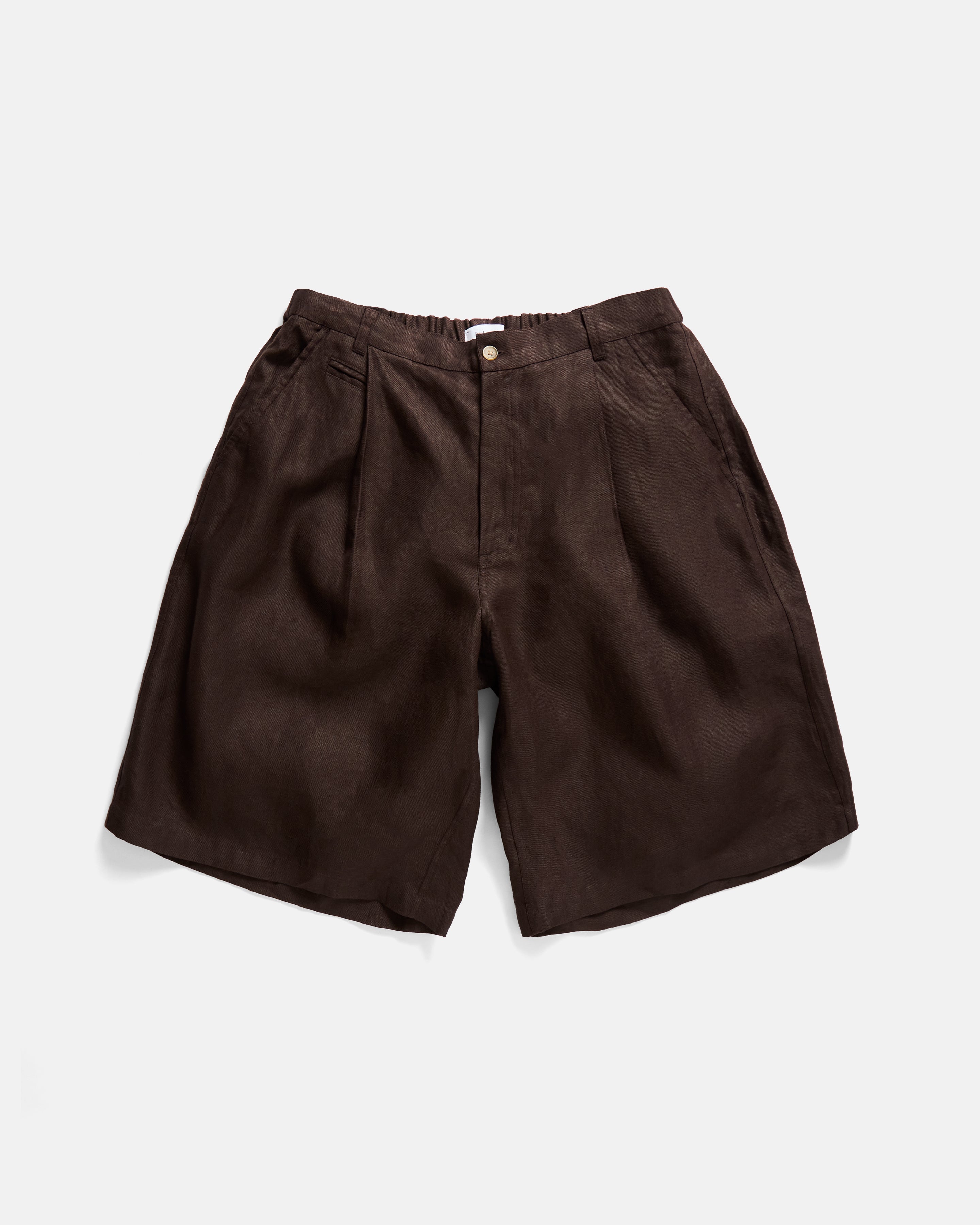 EMERY PLEATED BIG SHORTS - CHOCOLATE BROWN LINEN TWILL
