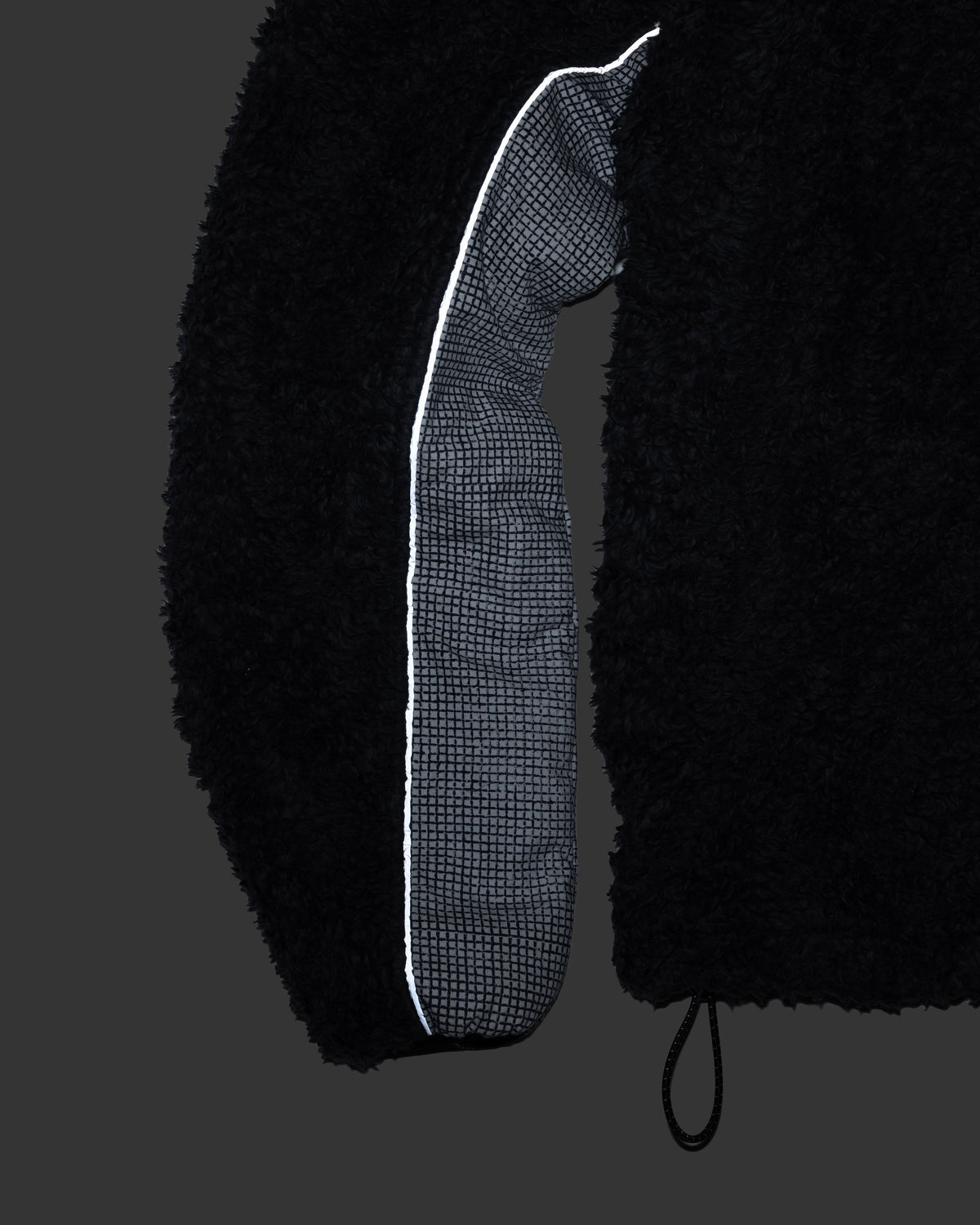 A# RECESS FULL-ZIP FLEECE - ALPHA SLATE / CINDER DEEP PILE ORGANIC COTTON FLEECE WITH HAND BLOCK PRINTED COTTON MICRO RIPSTOP PANELLING