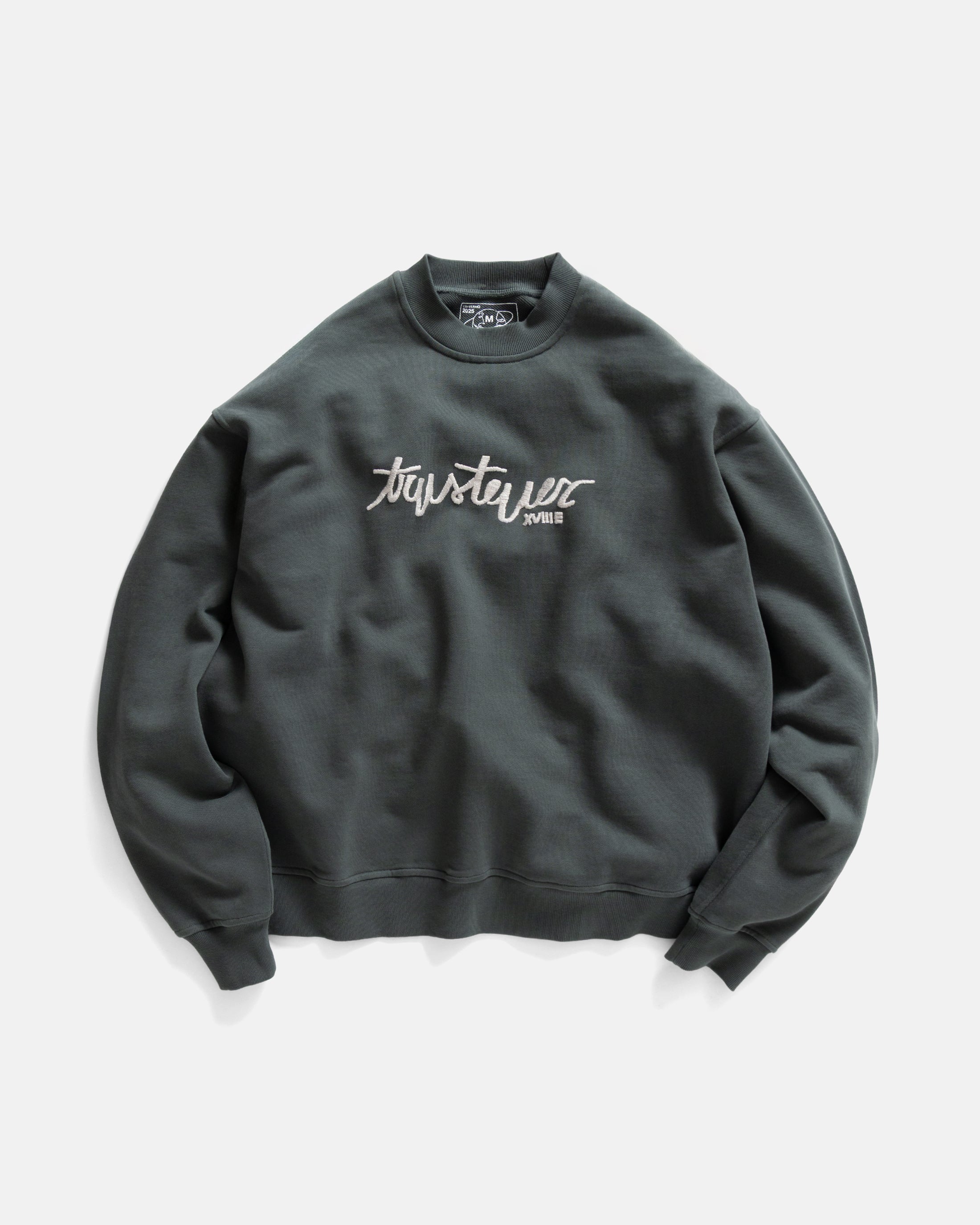 18 EAST x TRUSTEVER FERMI HAND-EMBROIDERED CREWNECK SWEATSHIRT - DEEP FOLIAGE / TRAVERTINE 19oz. ALL COTTON LOOPBACK TERRY FLEECE