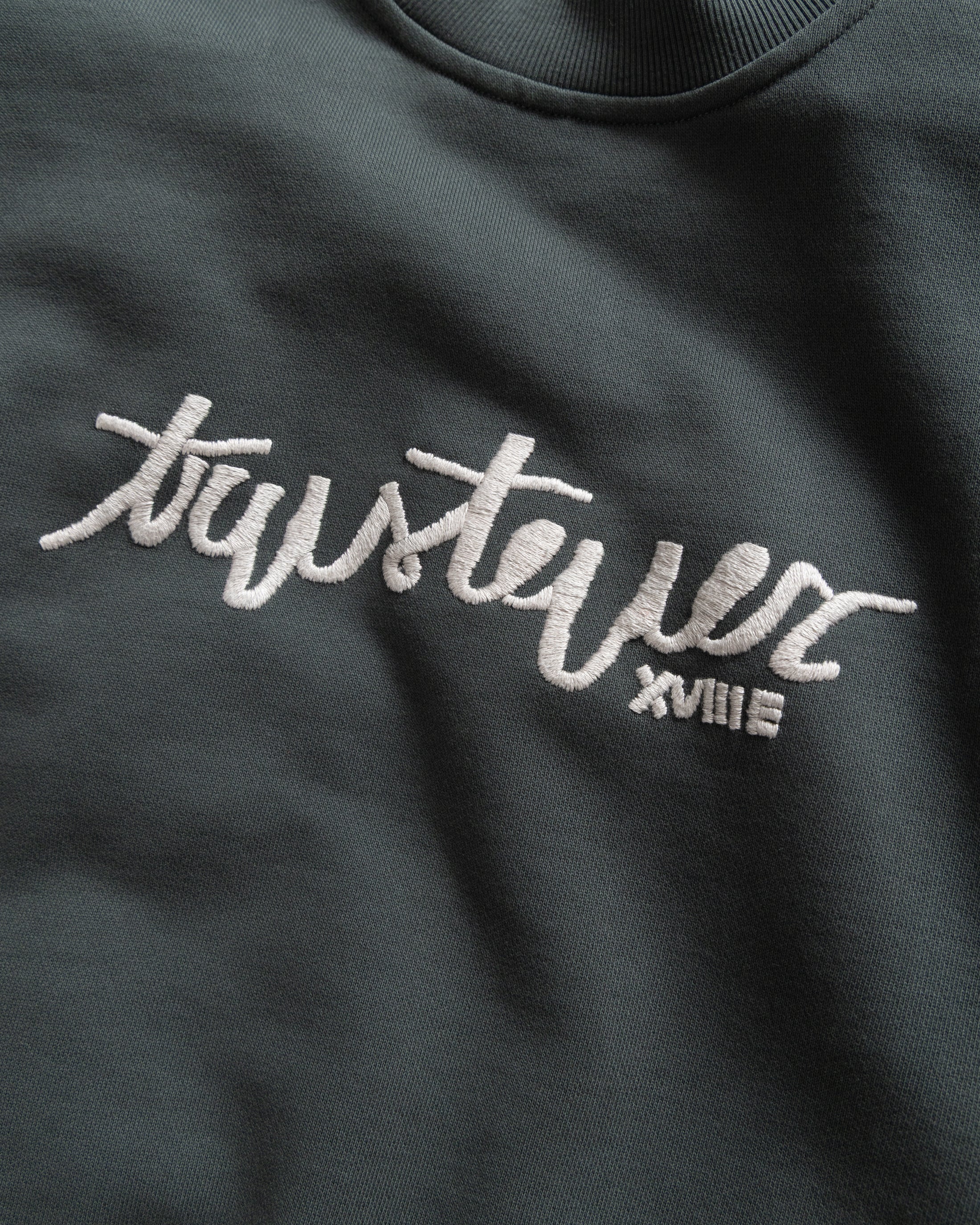 18 EAST x TRUSTEVER FERMI HAND-EMBROIDERED CREWNECK SWEATSHIRT - DEEP FOLIAGE / TRAVERTINE 19oz. ALL COTTON LOOPBACK TERRY FLEECE