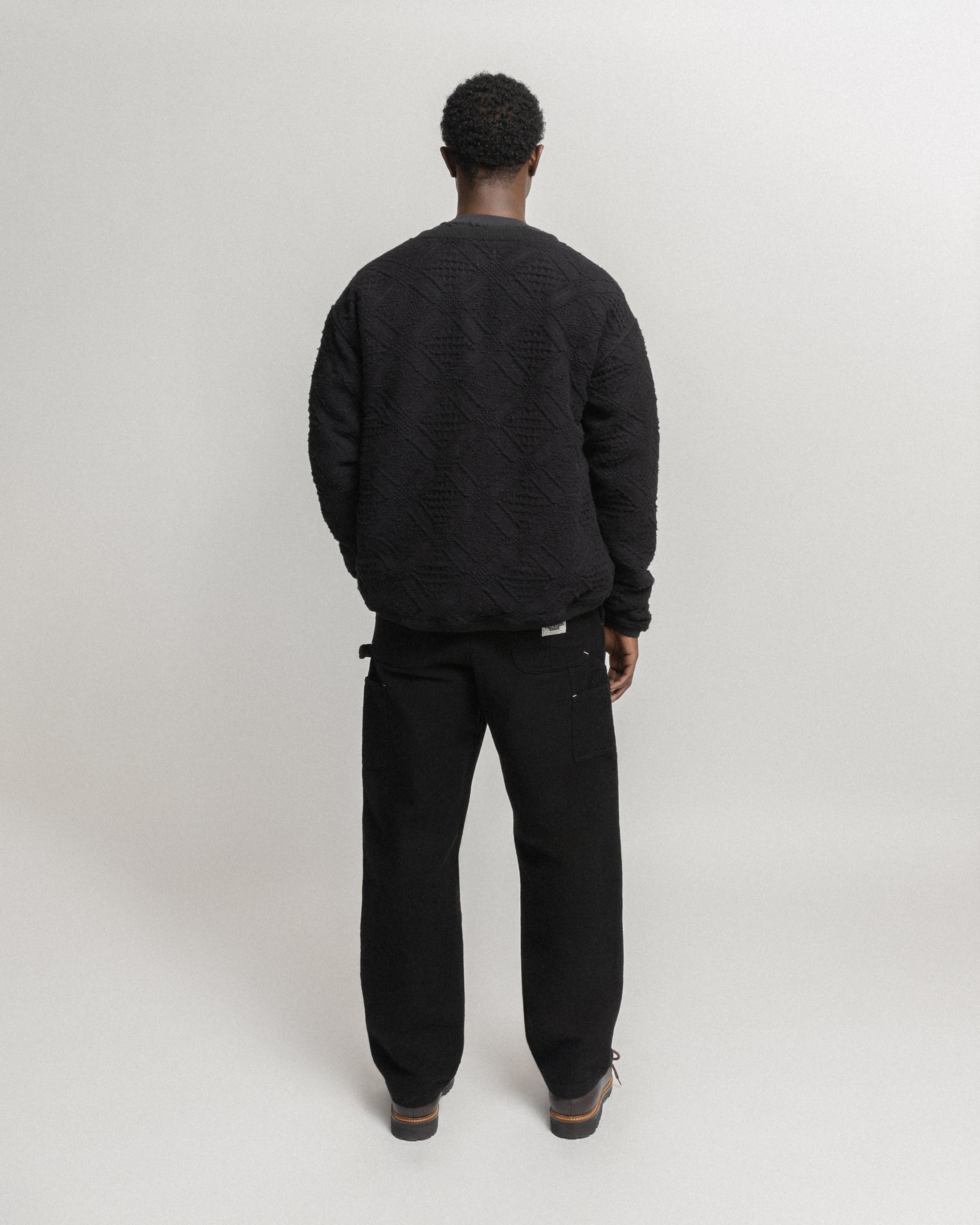 FOLA V-NECK CARDIGAN - BLACK HANDLOOM COTTON BLANKETING