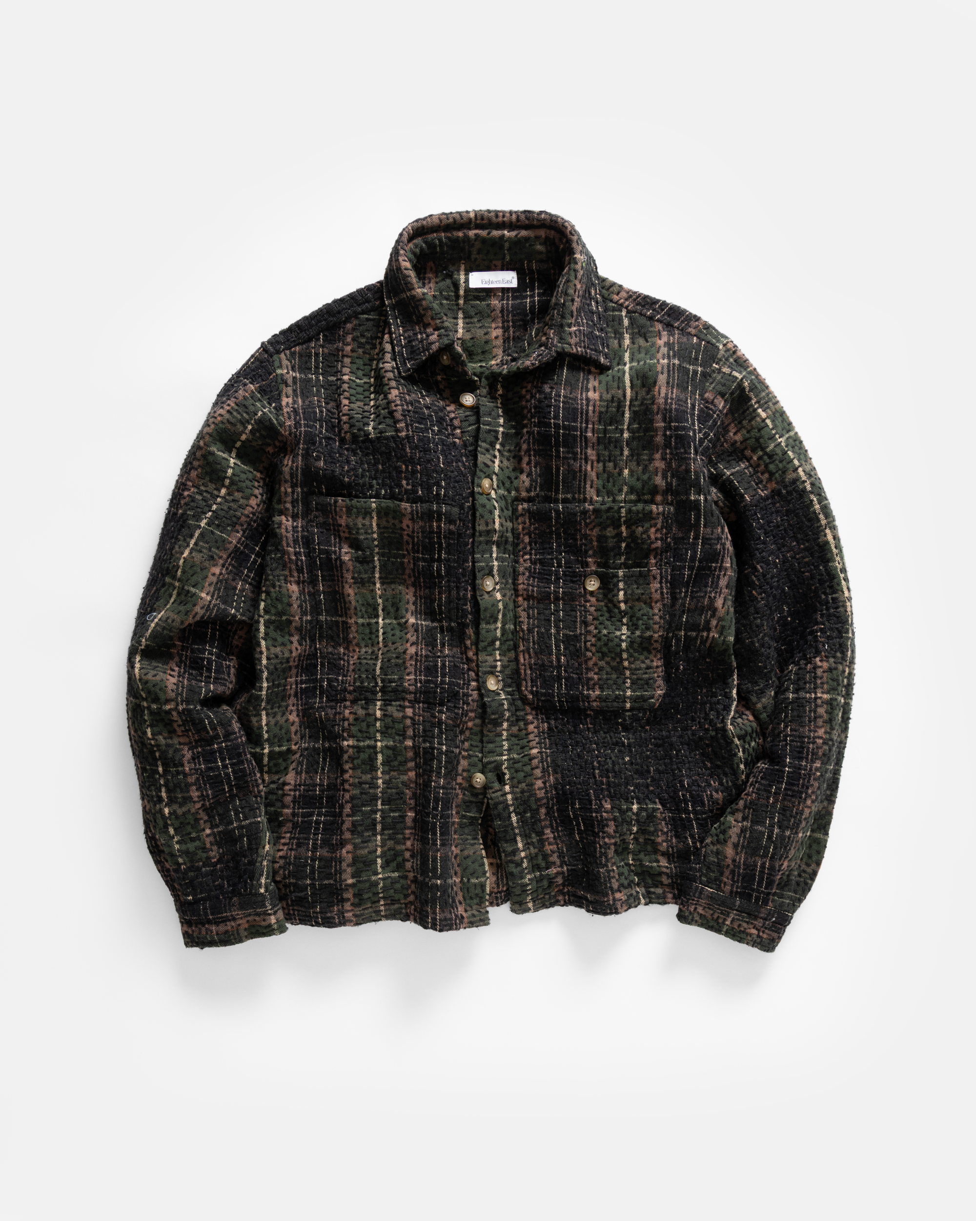 PILCHUCK HAND-EMBROIDERED OVERSHIRT - HUNTER / SHROOM / ECRU / CLAY COTTON FLANNEL WITH KANTHA STITCHING